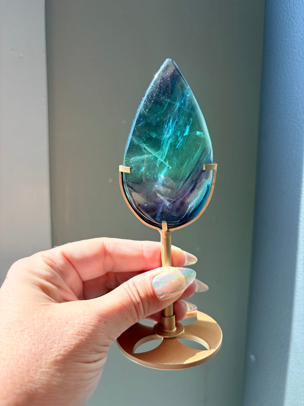 Rainbow Fluorite Teardrop on Gold Stand