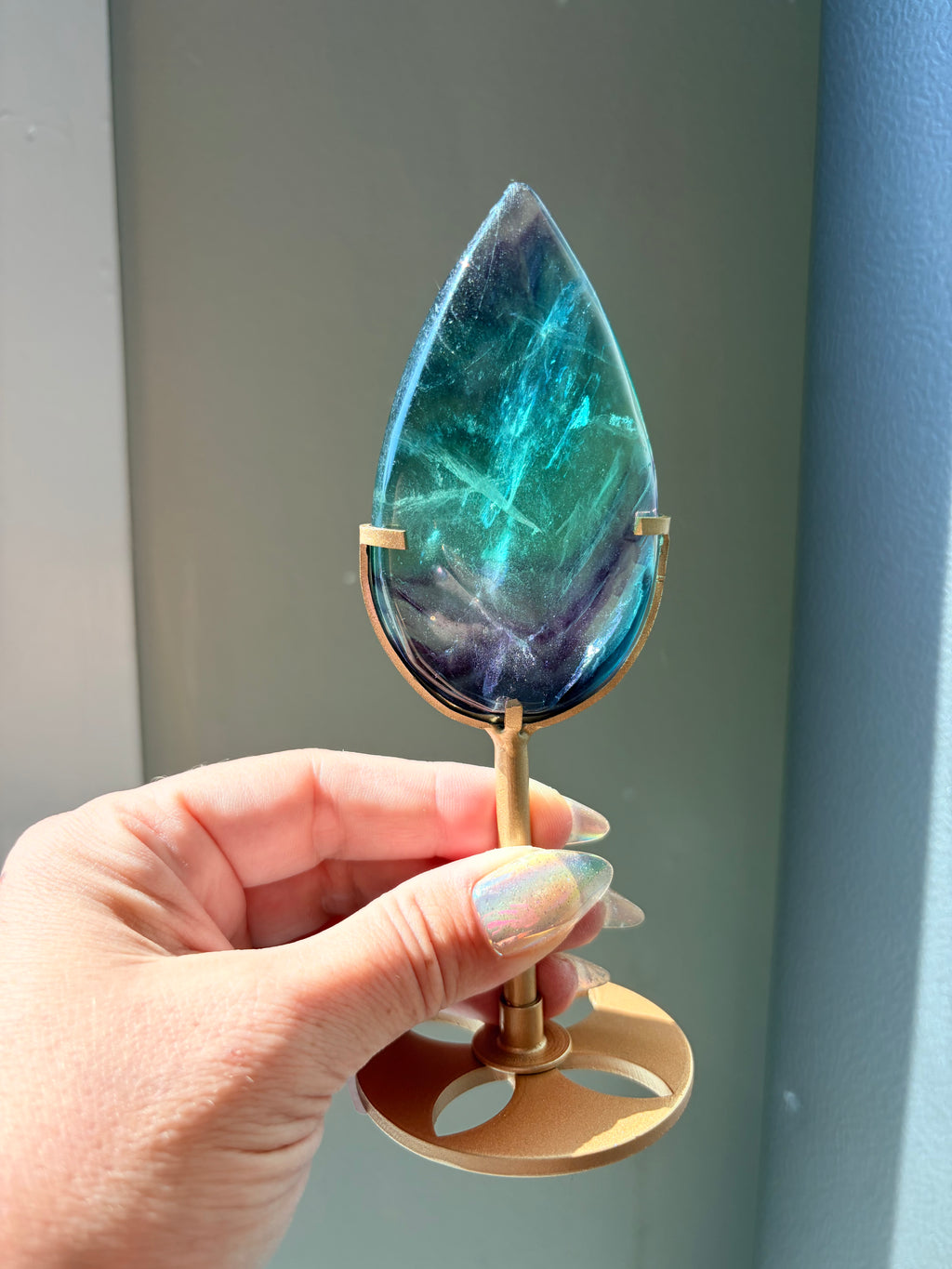 Rainbow Fluorite Teardrop on Gold Stand