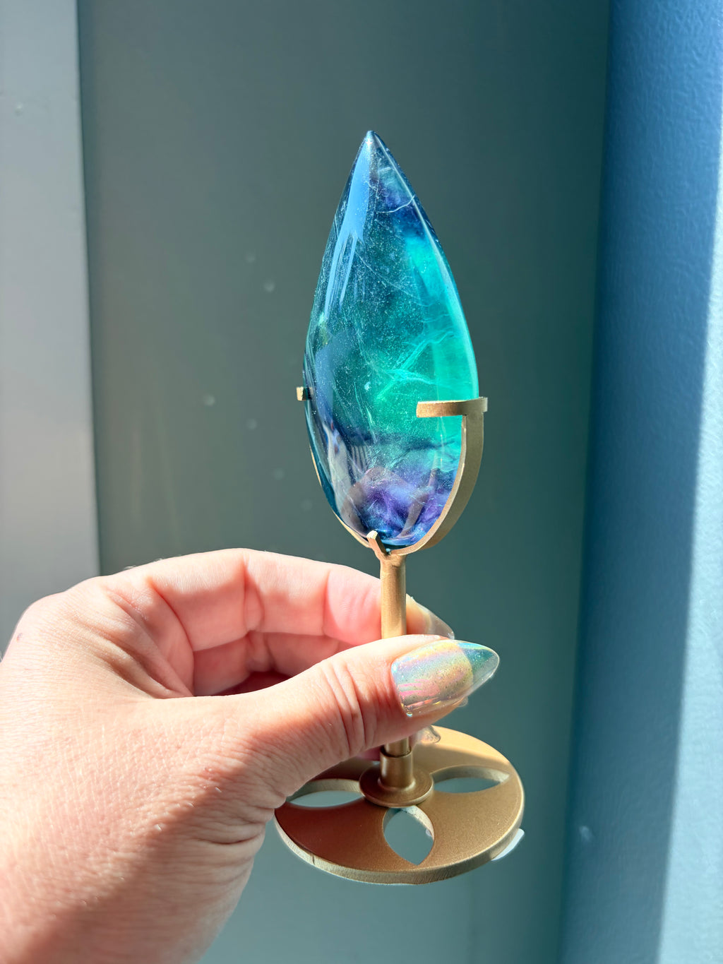 Rainbow Fluorite Teardrop on Gold Stand