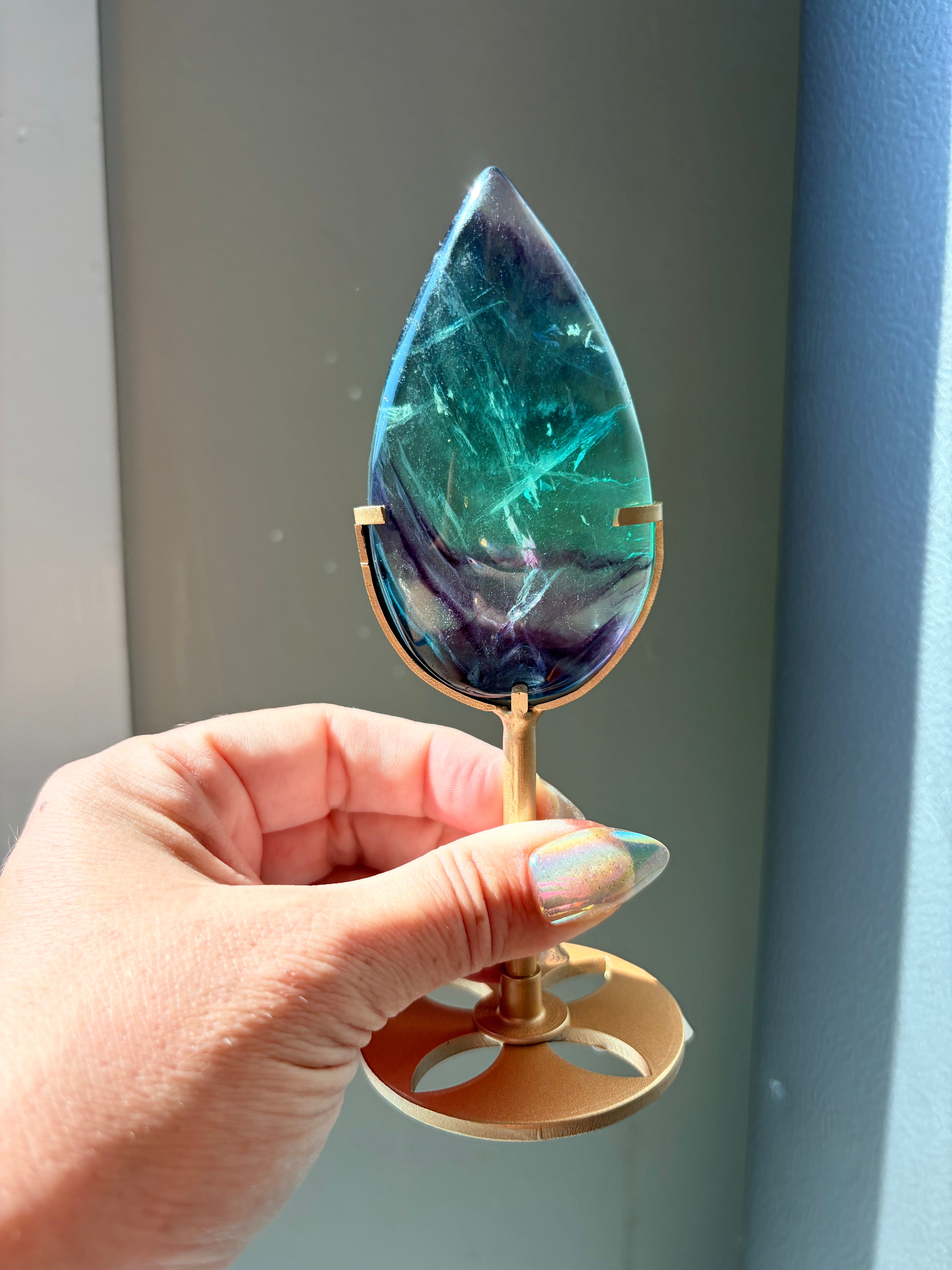 Rainbow Fluorite Teardrop on Gold Stand