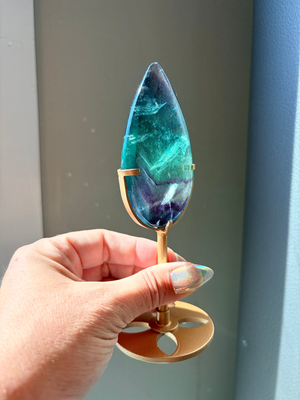Rainbow Fluorite Teardrop on Gold Stand
