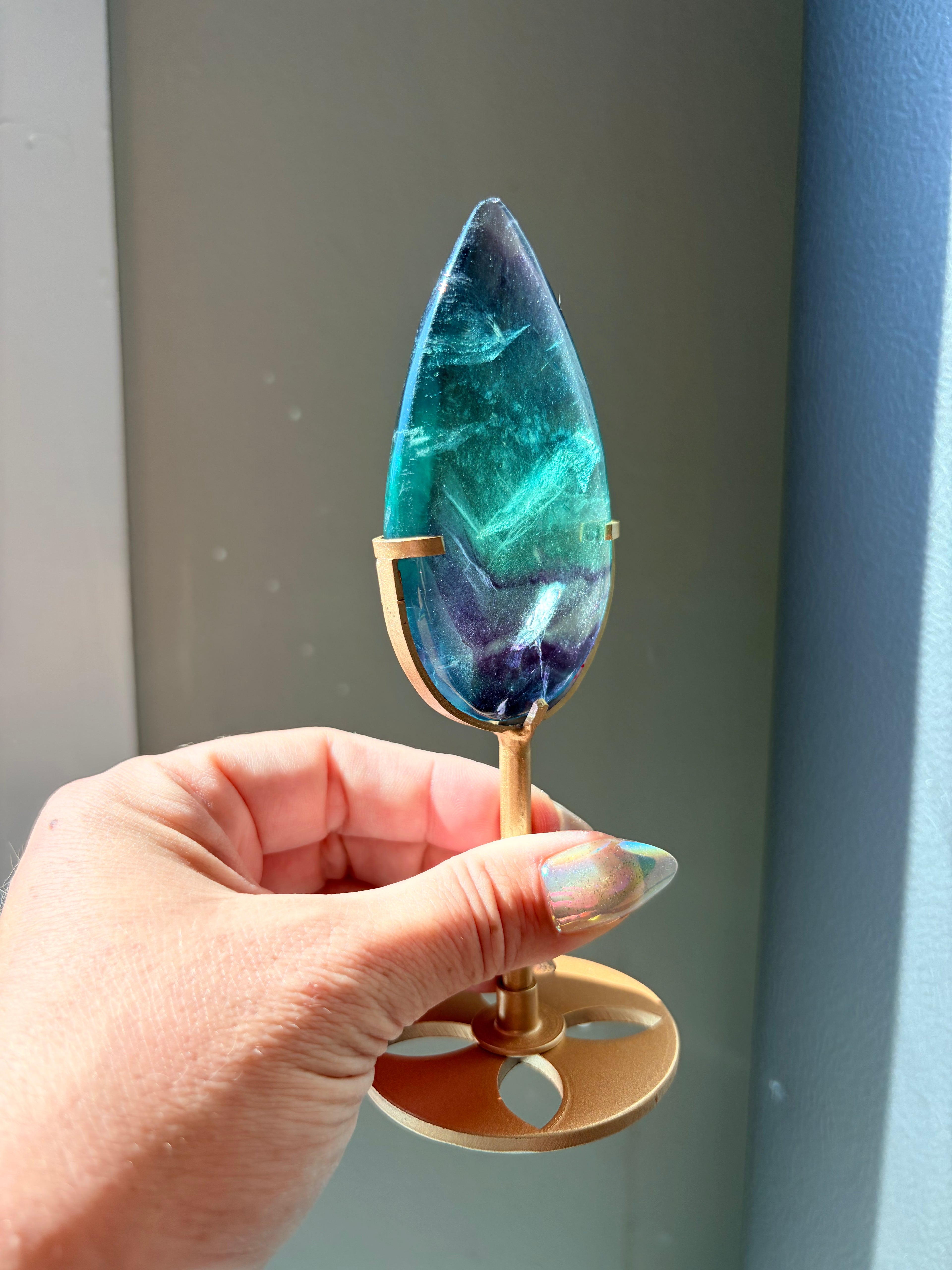 Rainbow Fluorite Teardrop on Gold Stand