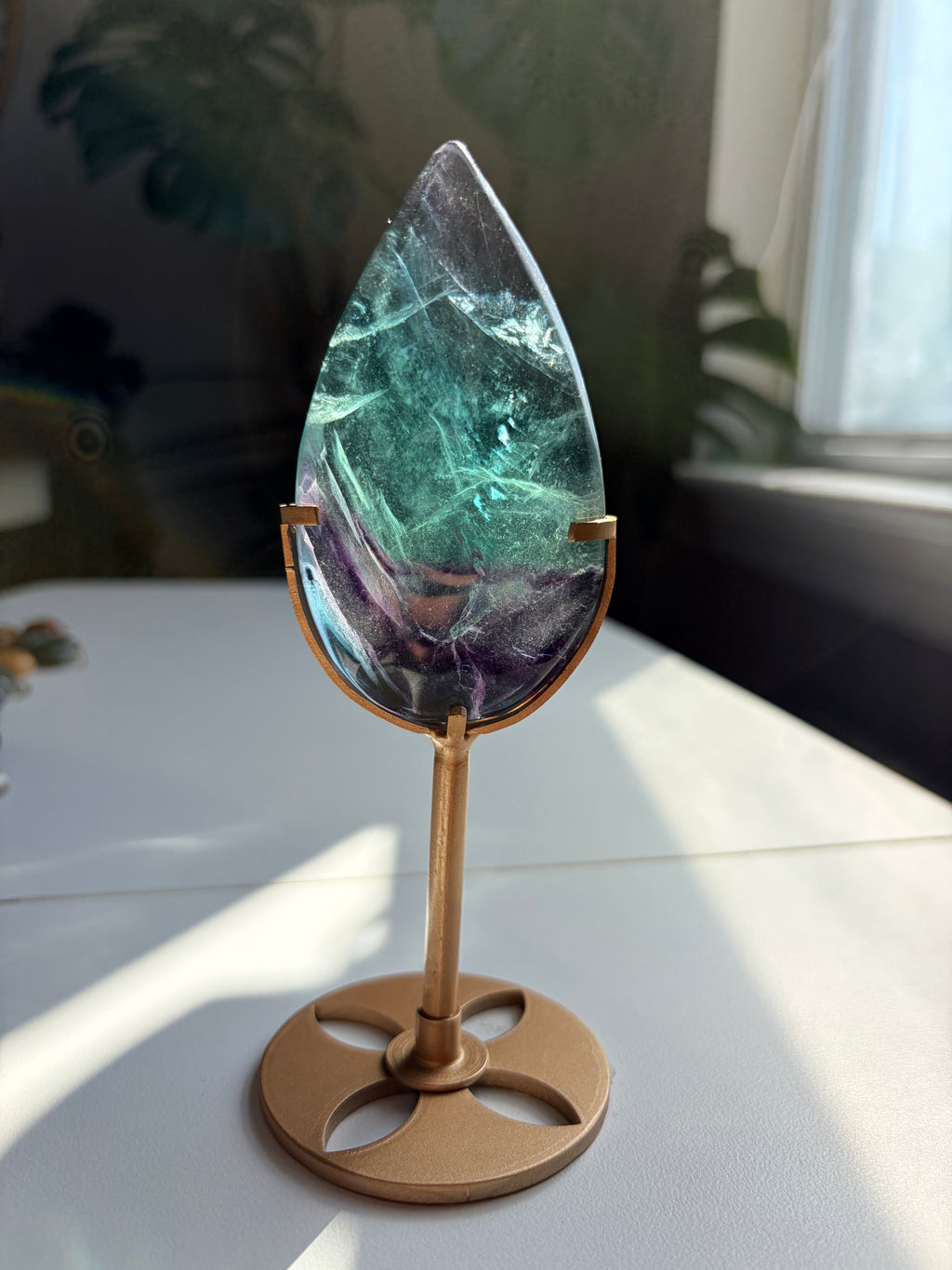 Rainbow Fluorite Teardrop on Gold Stand