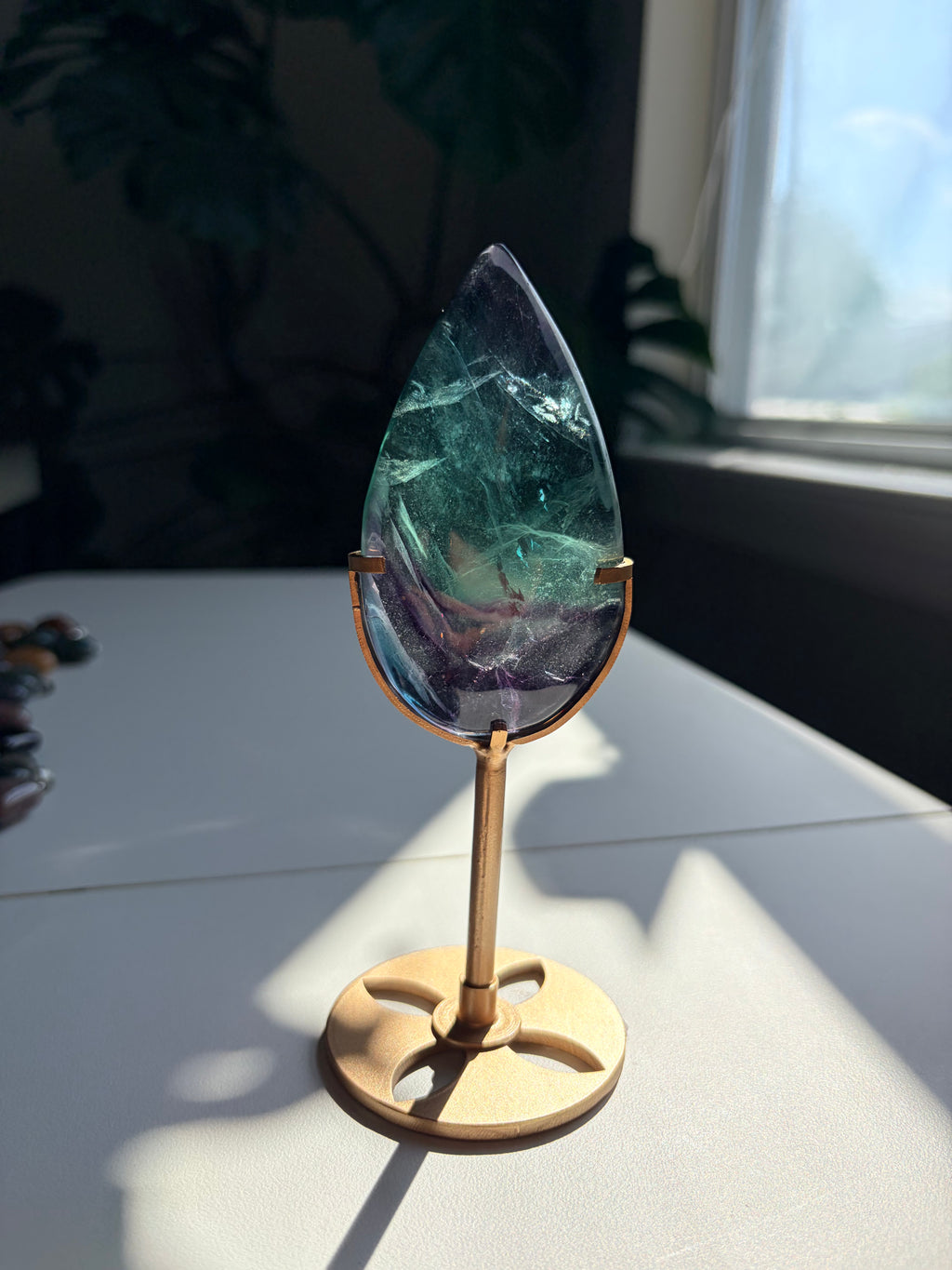 Rainbow Fluorite Teardrop on Gold Stand