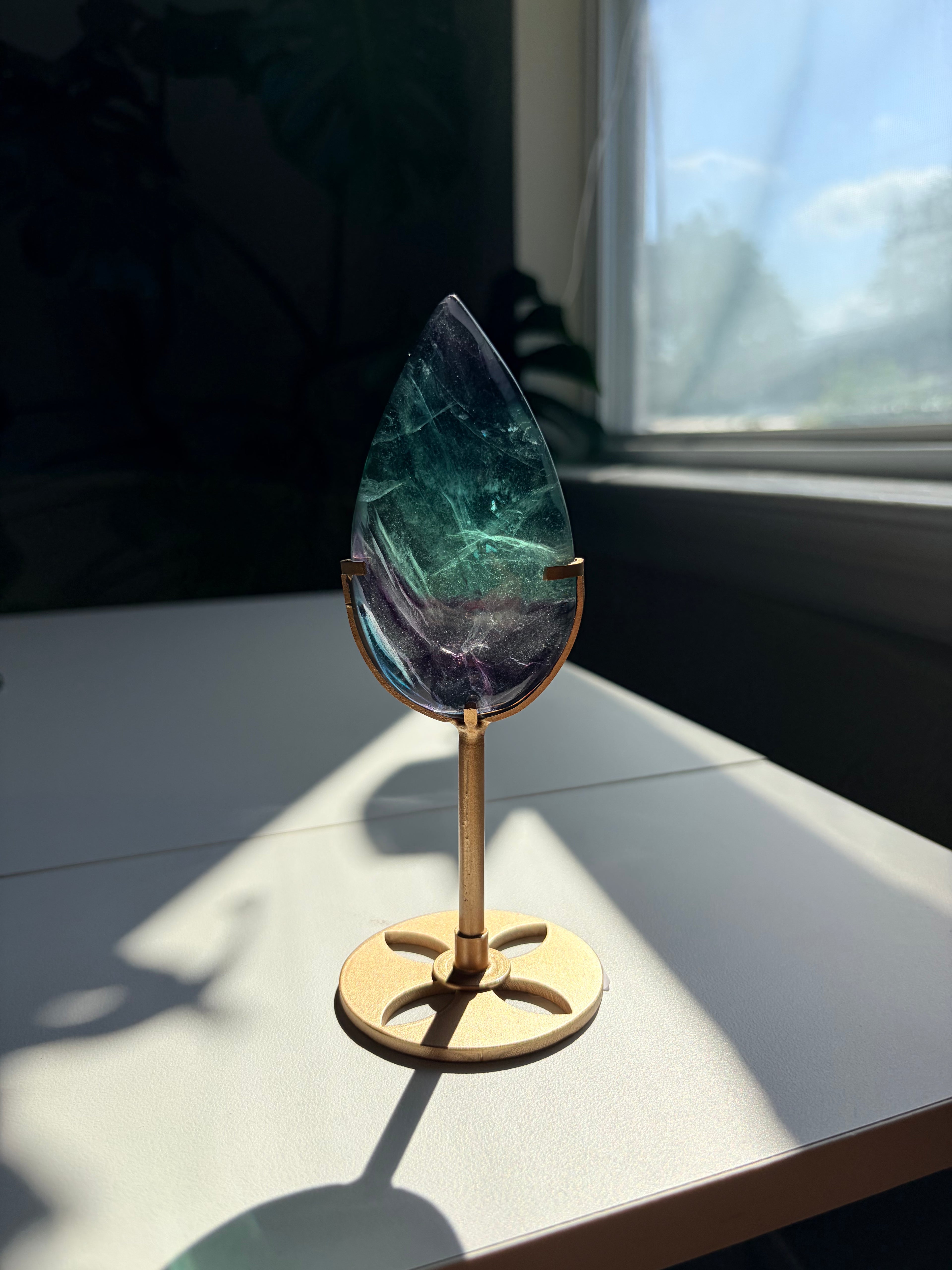Rainbow Fluorite Teardrop on Gold Stand