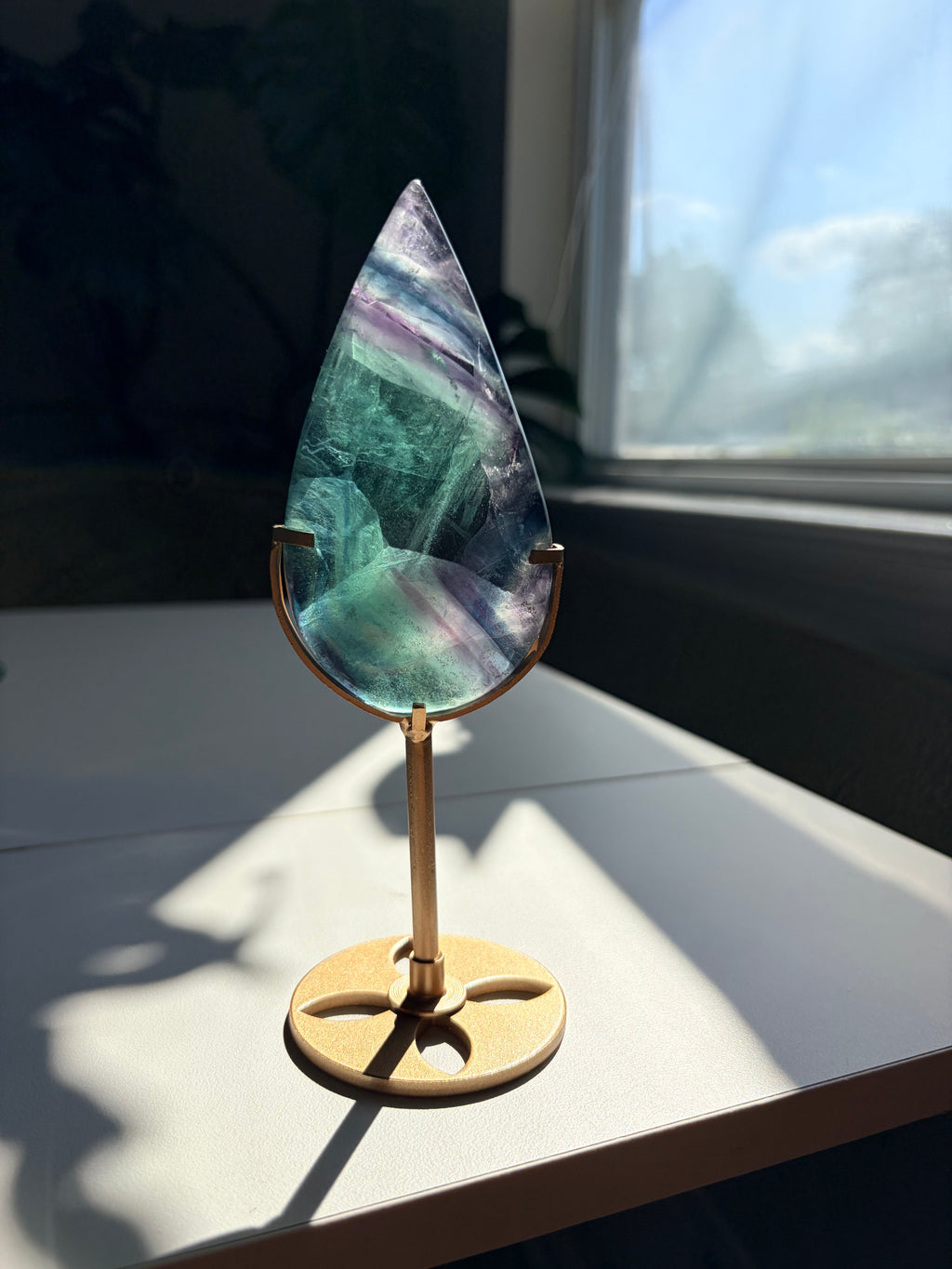 Rainbow Fluorite Teardrop on Gold Stand