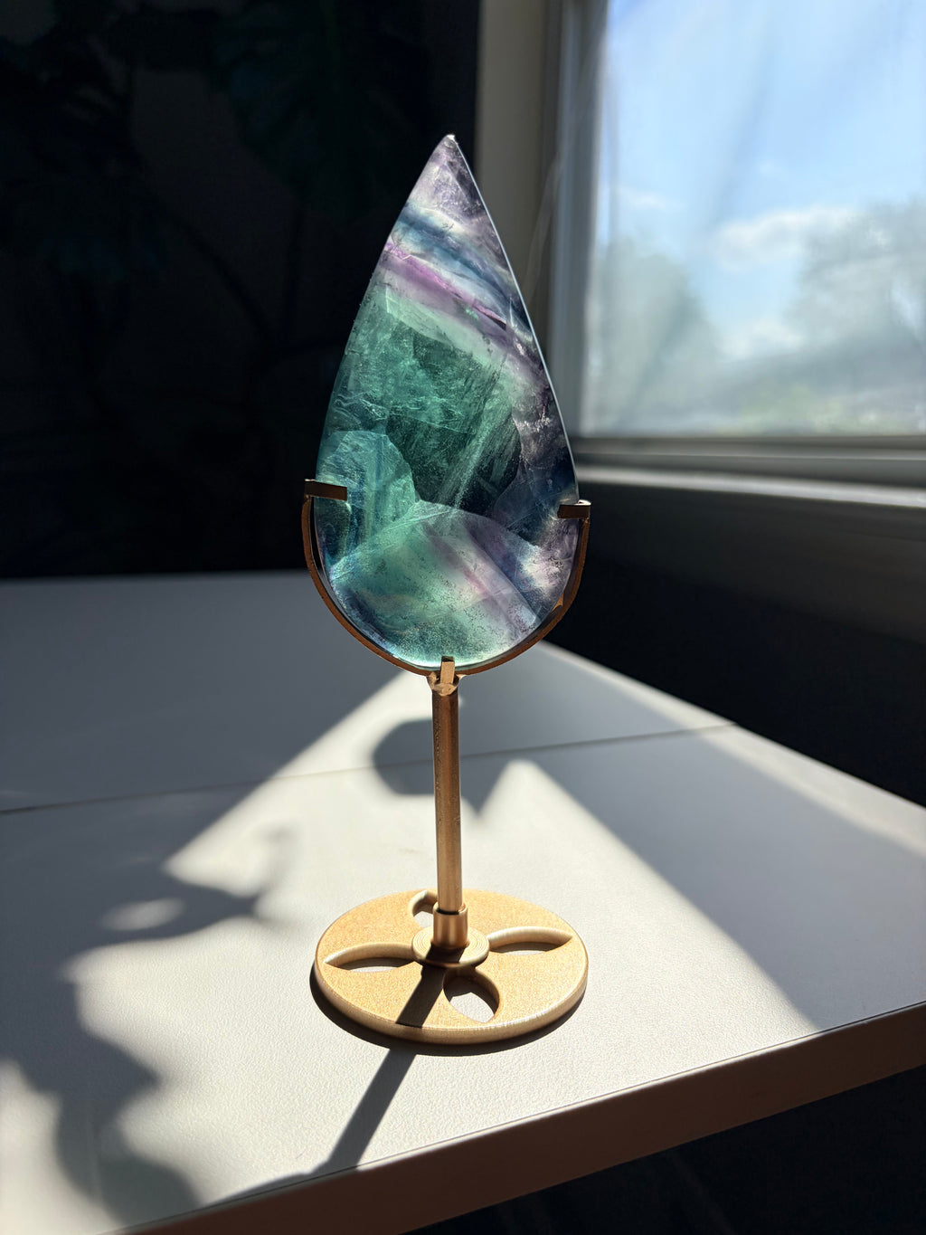 Rainbow Fluorite Teardrop on Gold Stand
