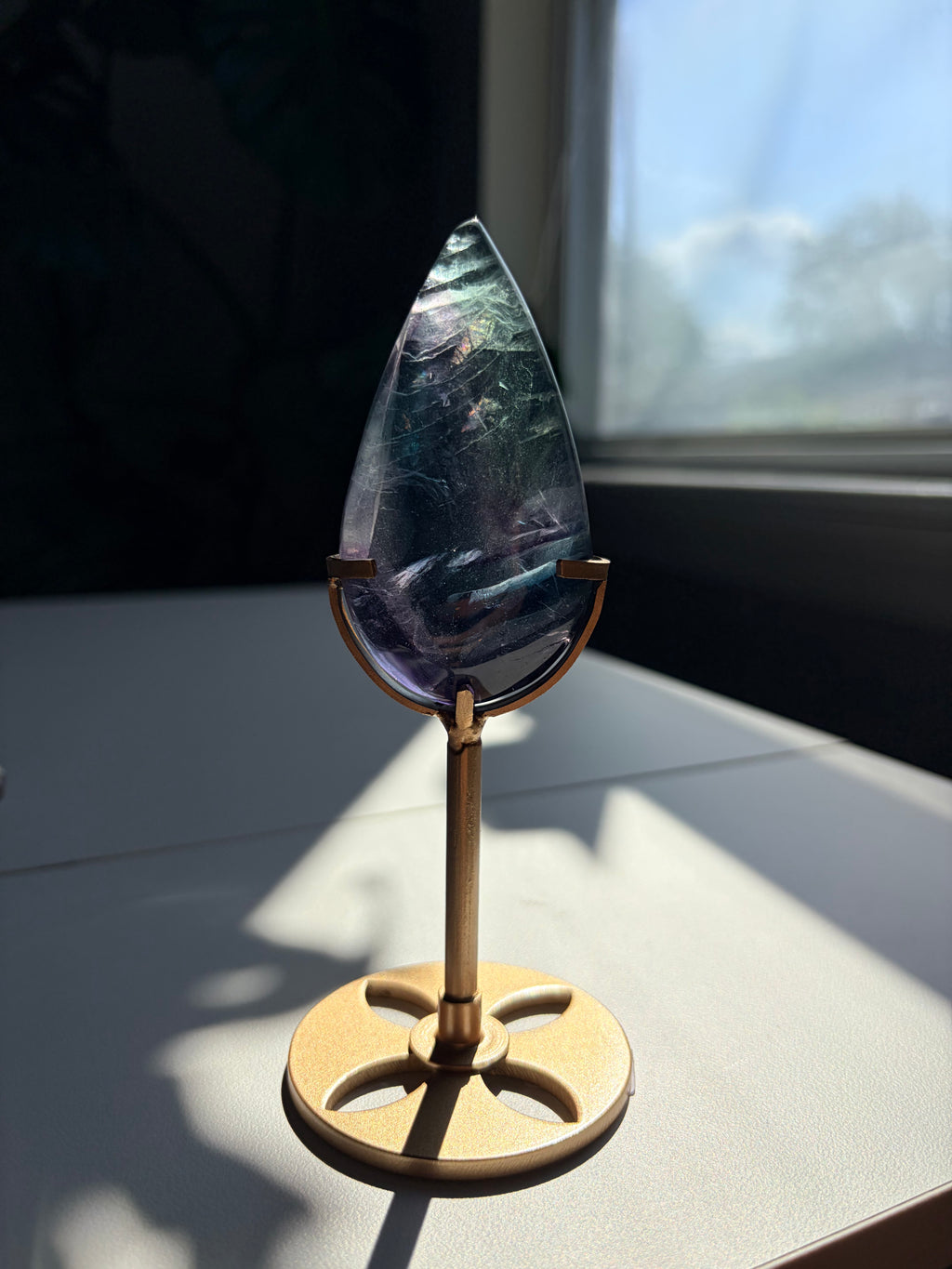 Rainbow Fluorite Teardrop on Gold Stand