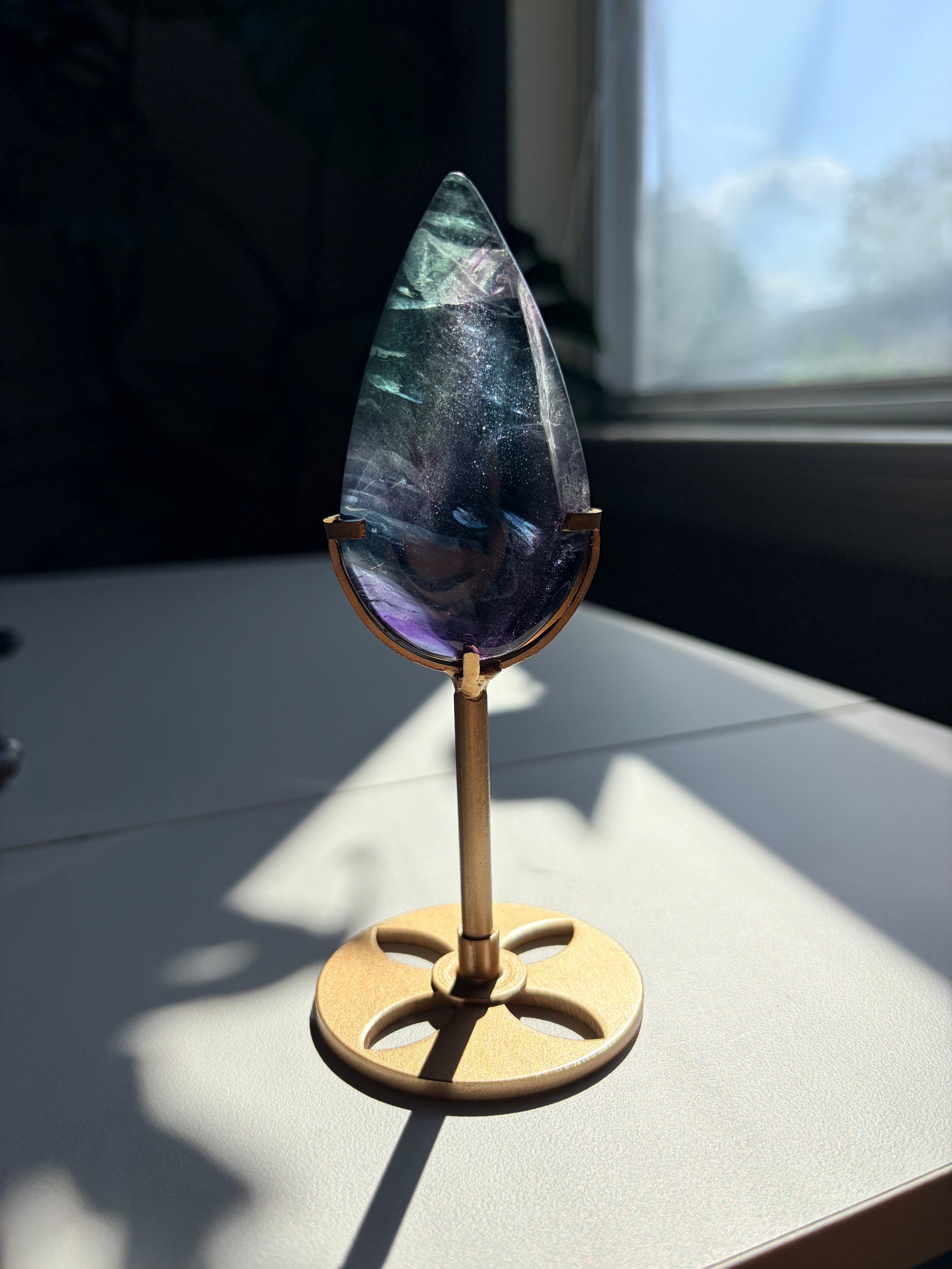 Rainbow Fluorite Teardrop on Gold Stand