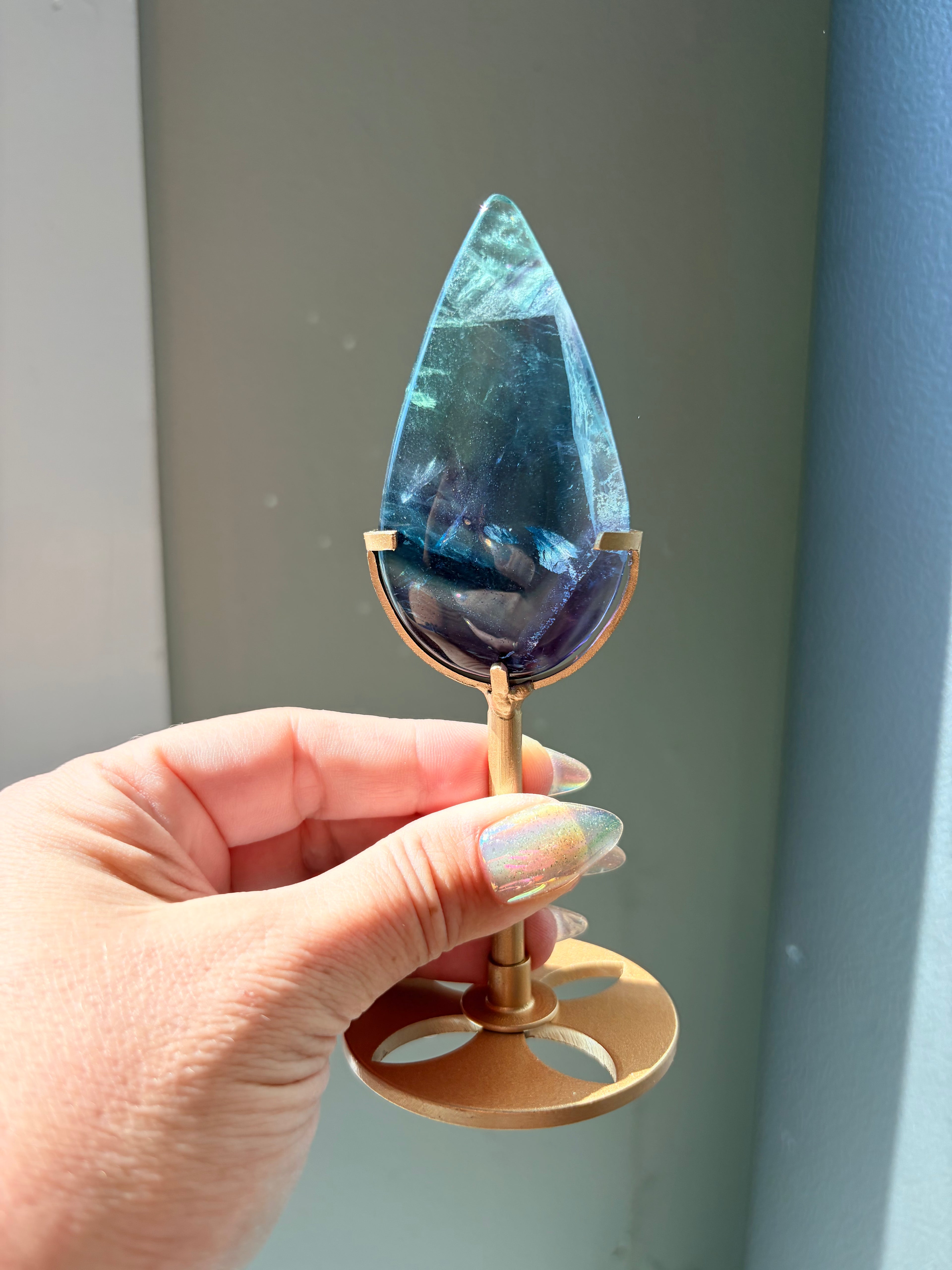 Rainbow Fluorite Teardrop on Gold Stand