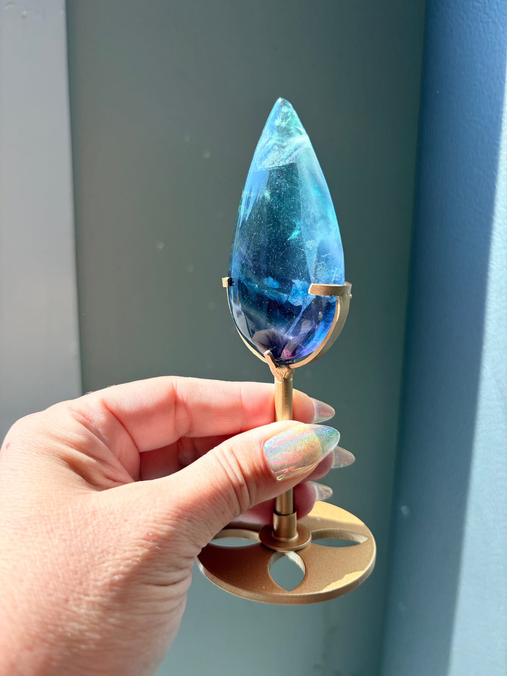 Rainbow Fluorite Teardrop on Gold Stand