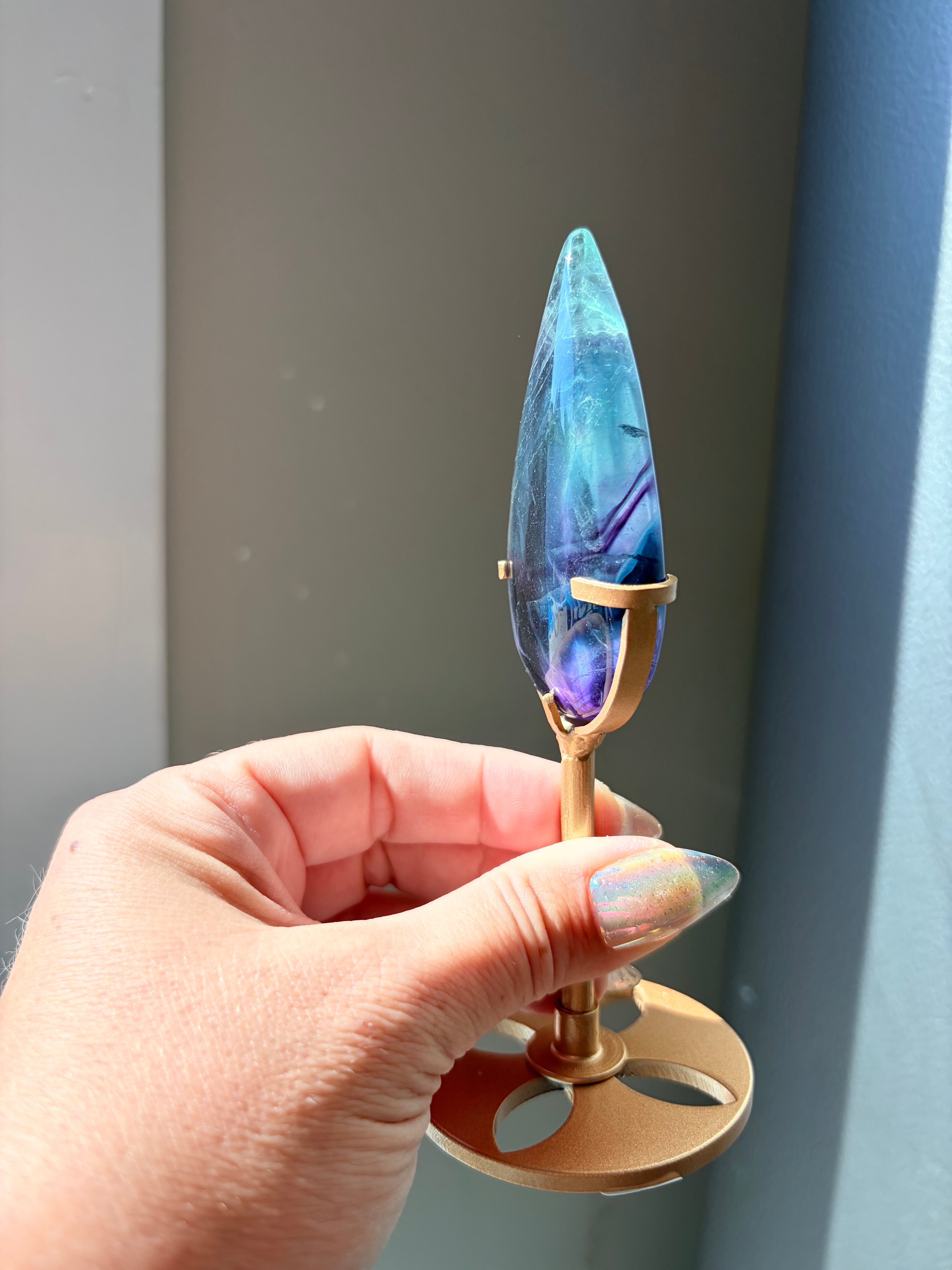 Rainbow Fluorite Teardrop on Gold Stand