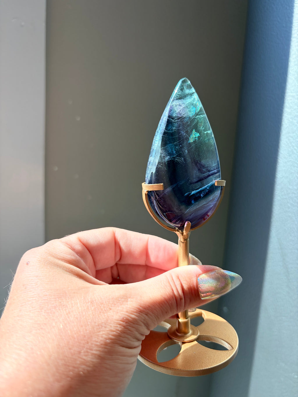 Rainbow Fluorite Teardrop on Gold Stand