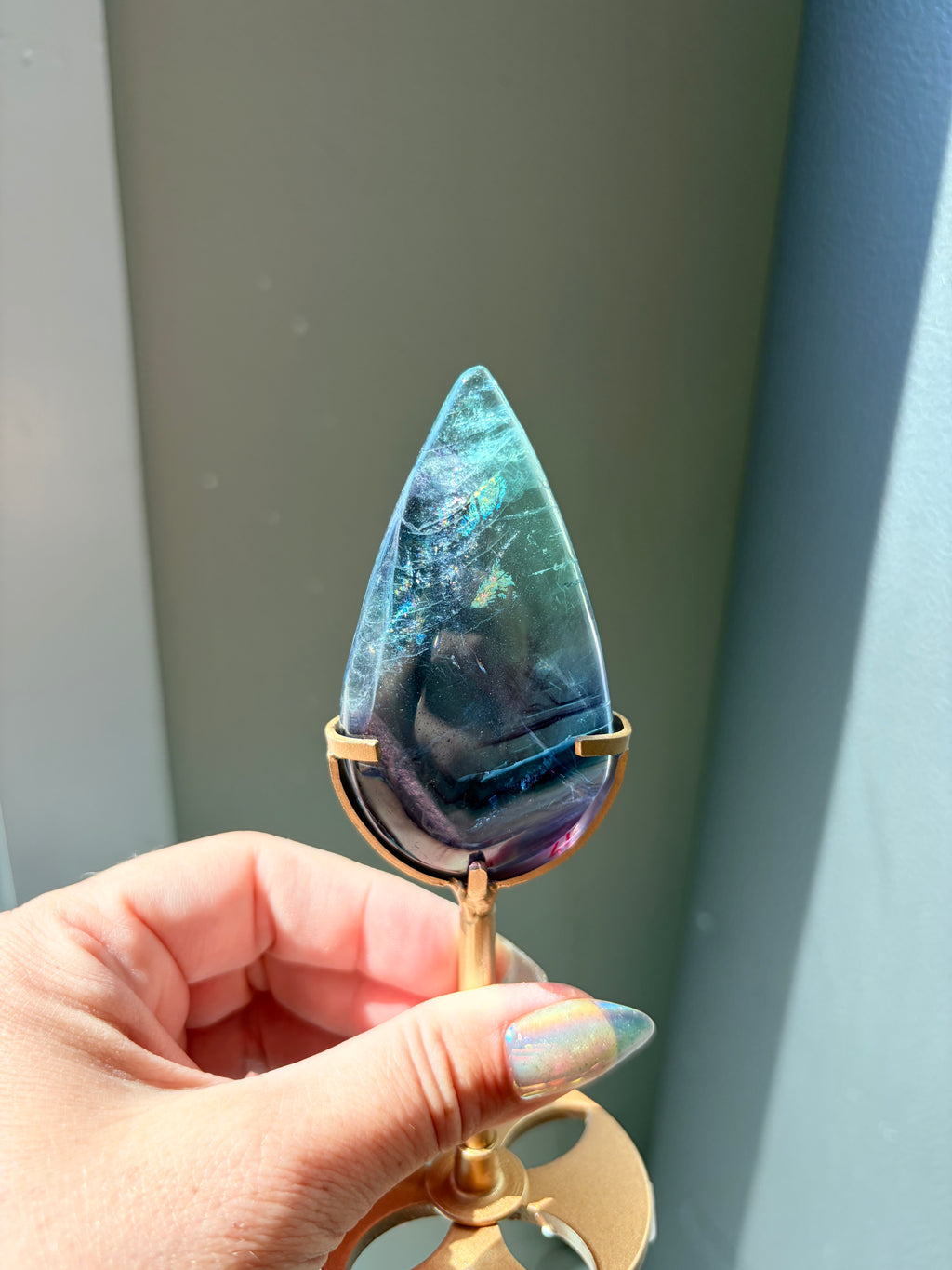 Rainbow Fluorite Teardrop on Gold Stand