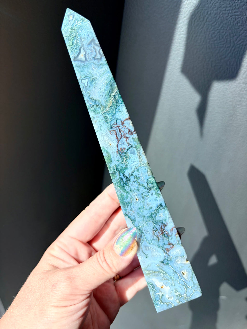 Blue Moss Agate Obelisk Tower