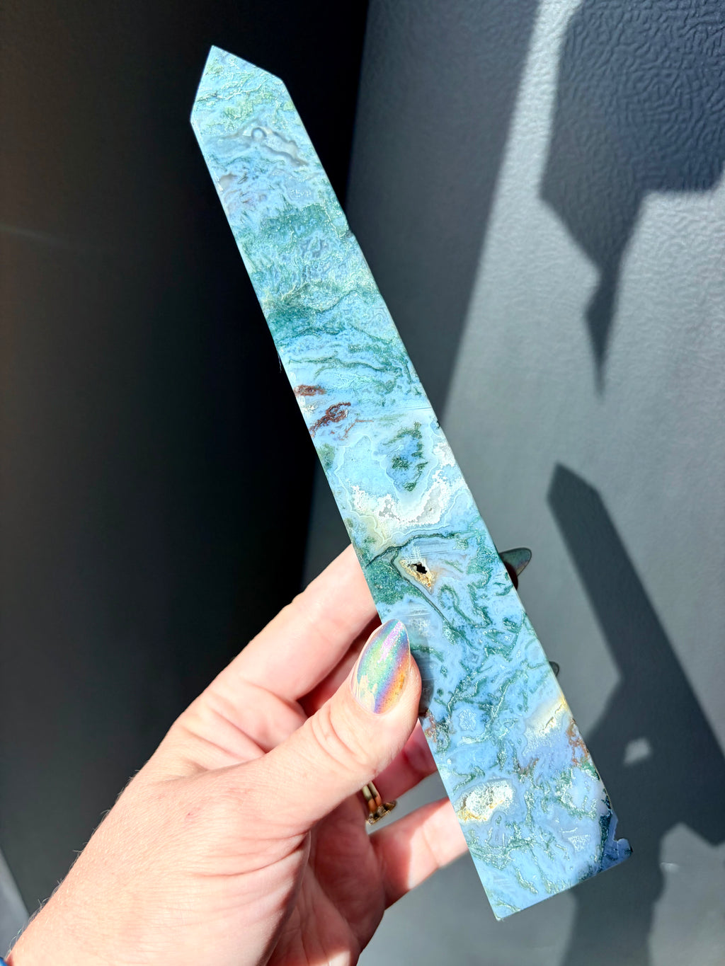 Blue Moss Agate Obelisk Tower