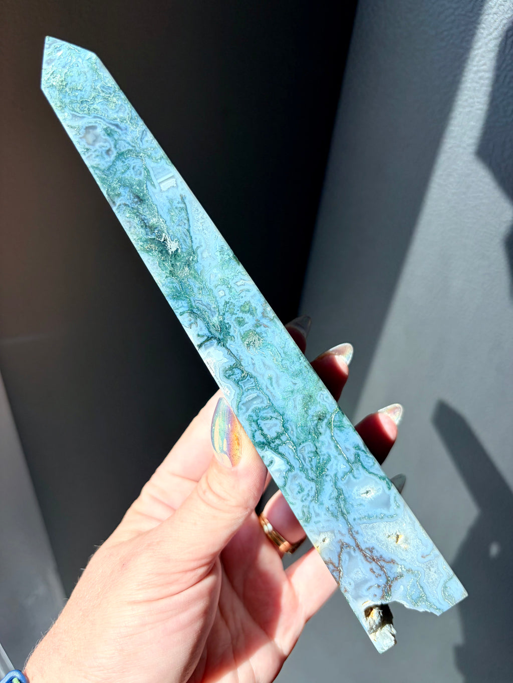 Blue Moss Agate Obelisk Tower