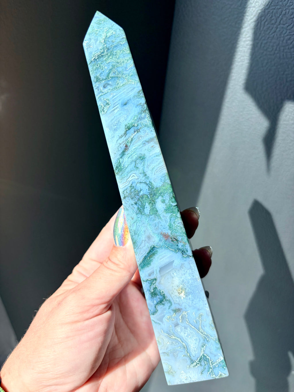Blue Moss Agate Obelisk Tower