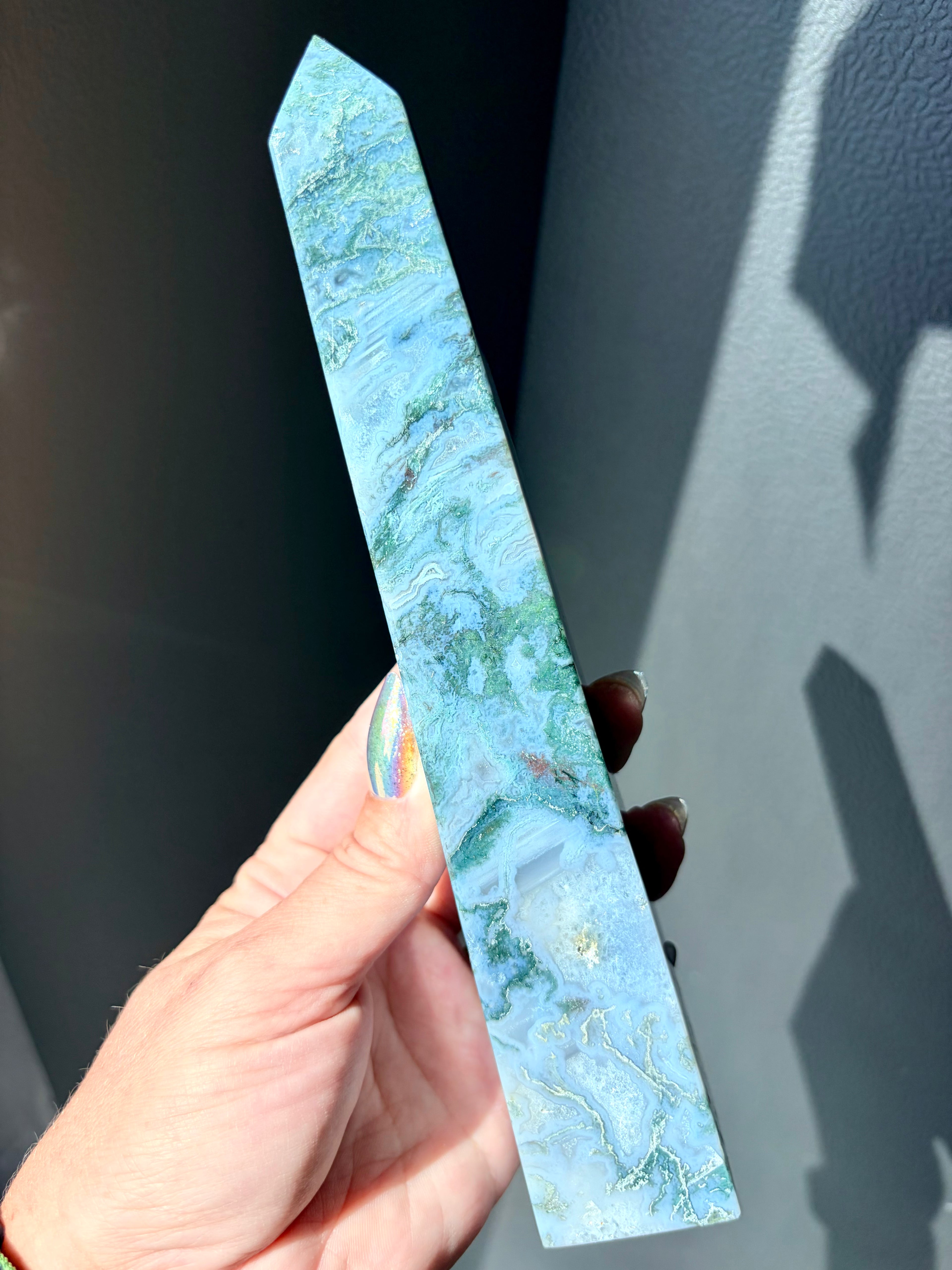Blue Moss Agate Obelisk Tower