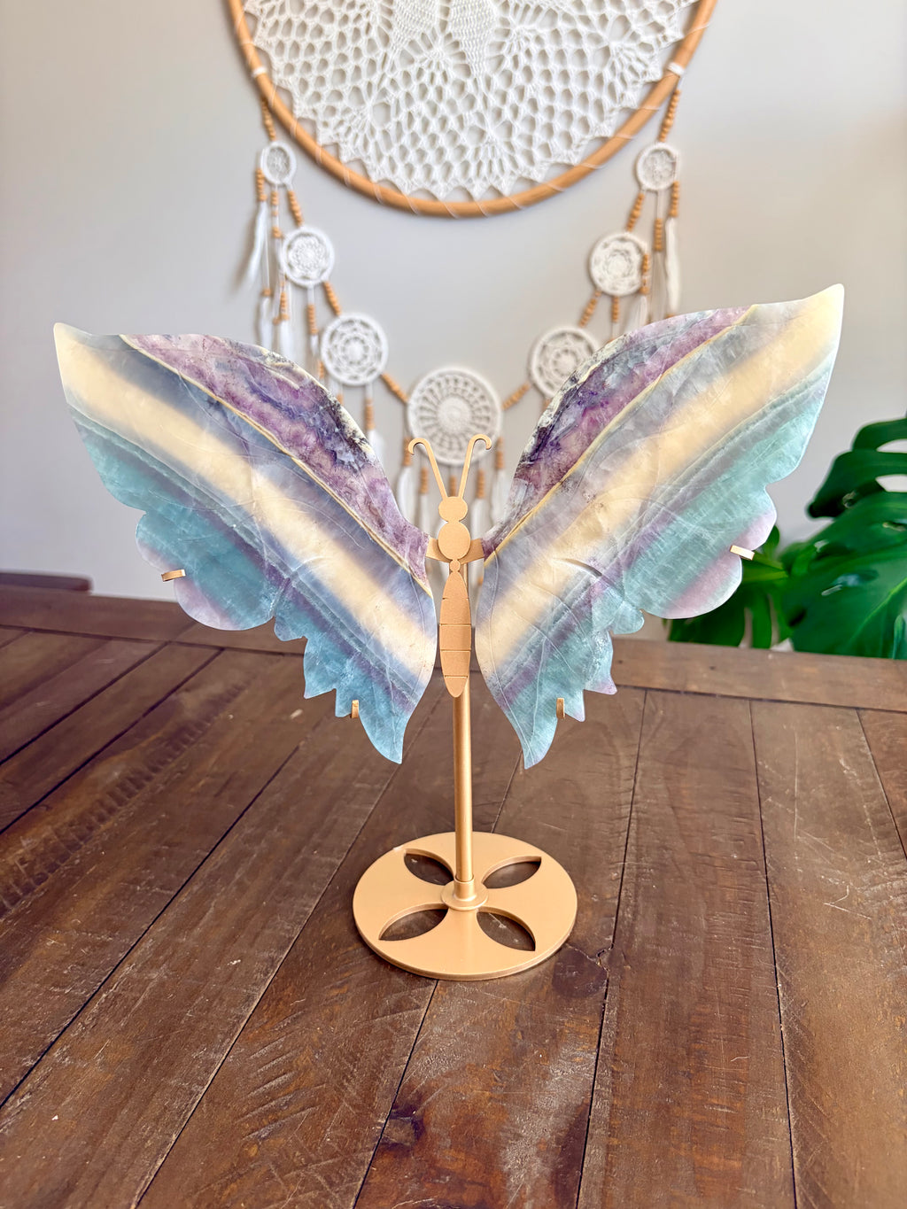 Pastel Rainbow Fluorite Butterfly Wings on Gold Stand