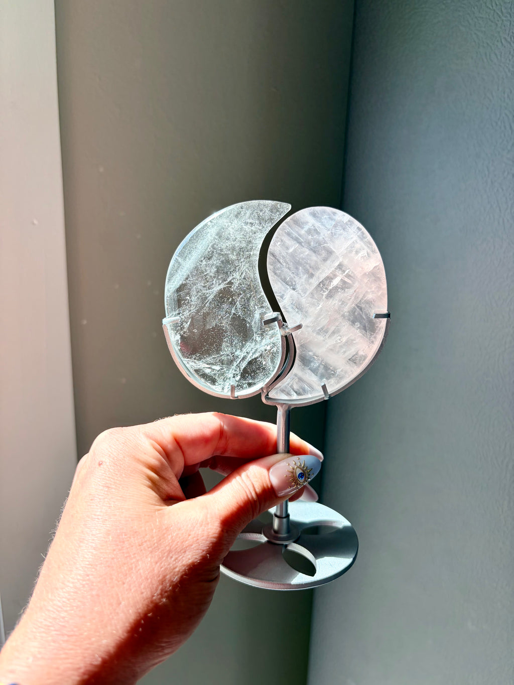 Clear Quartz & Rose Quartz Yin Yang on Silver Stand