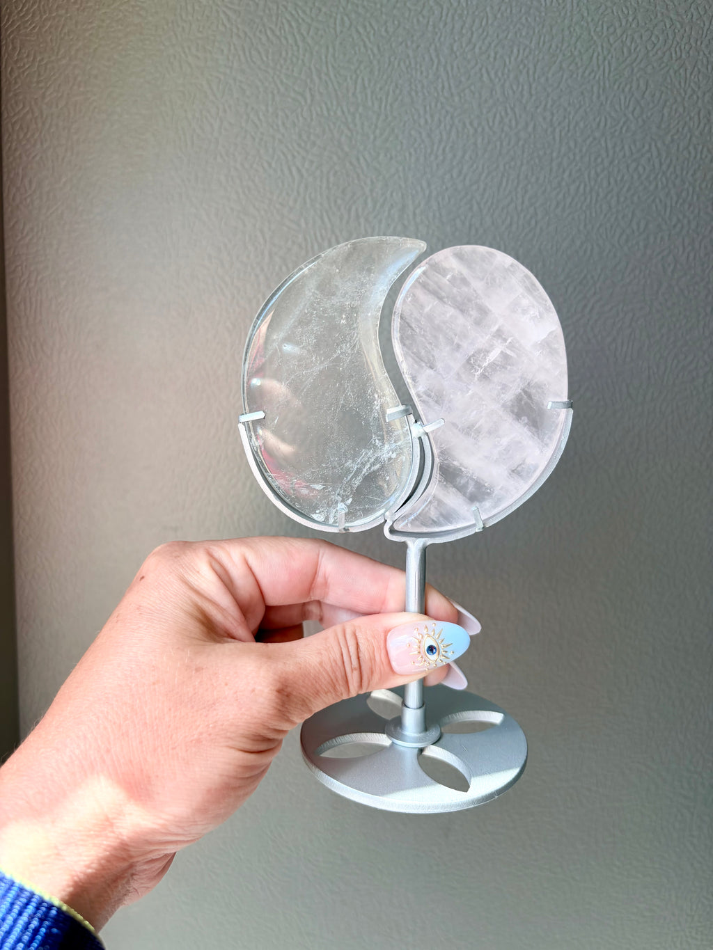 Clear Quartz & Rose Quartz Yin Yang on Silver Stand