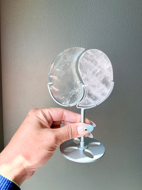 Clear Quartz & Rose Quartz Yin Yang on Silver Stand