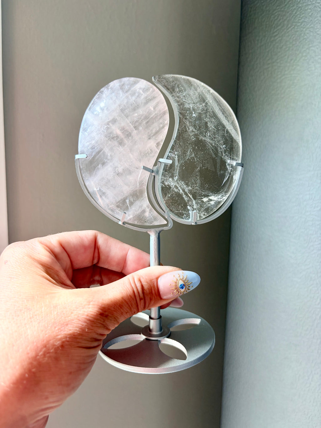 Clear Quartz & Rose Quartz Yin Yang on Silver Stand