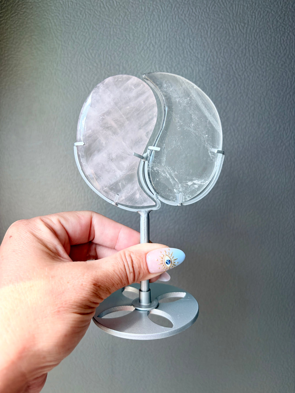 Clear Quartz & Rose Quartz Yin Yang on Silver Stand