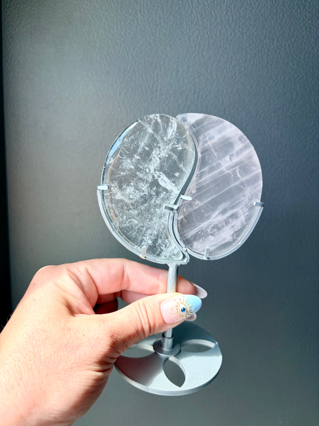 Clear Quartz & Rose Quartz Yin Yang on Silver Stand