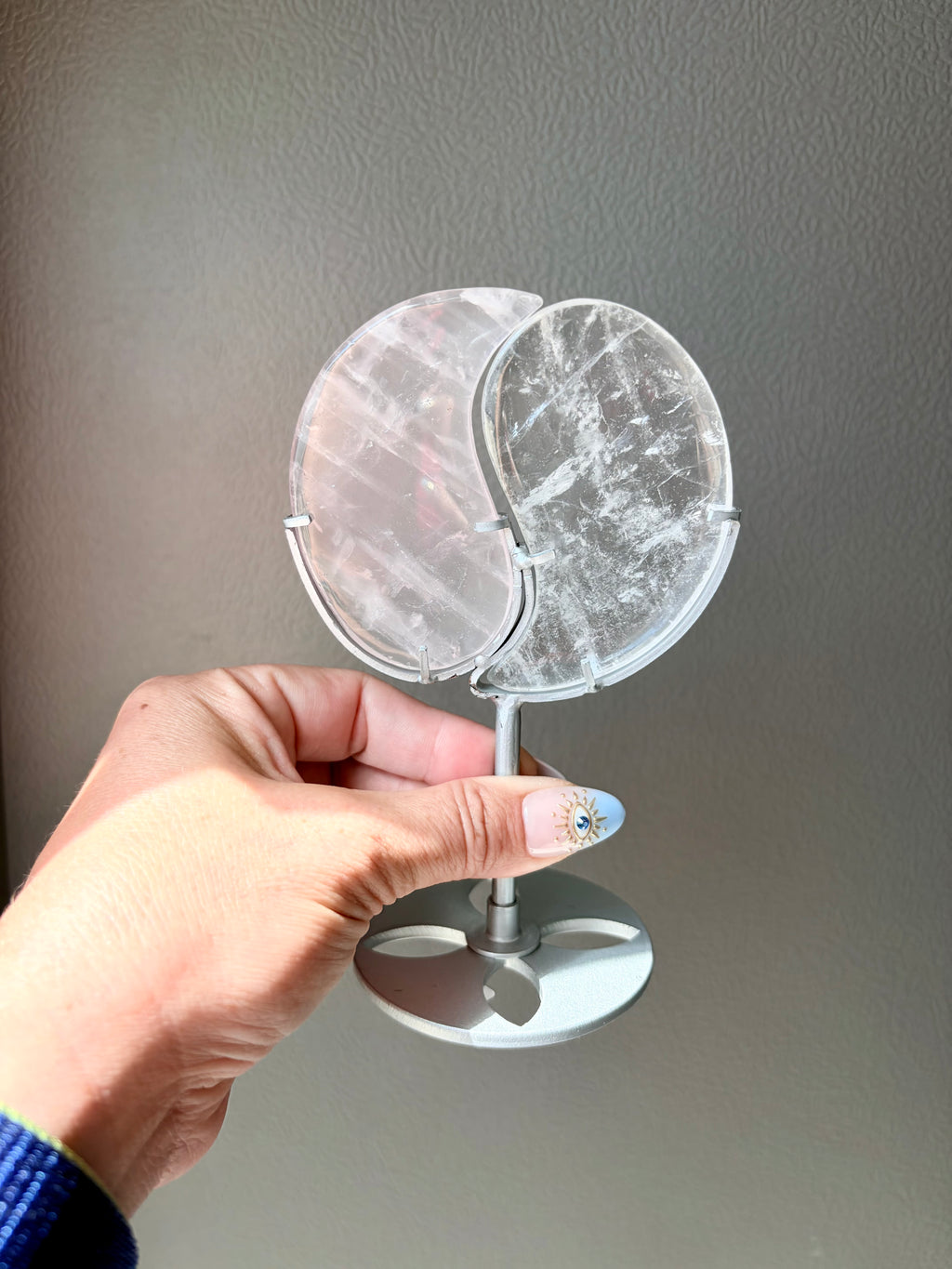 Clear Quartz & Rose Quartz Yin Yang on Silver Stand