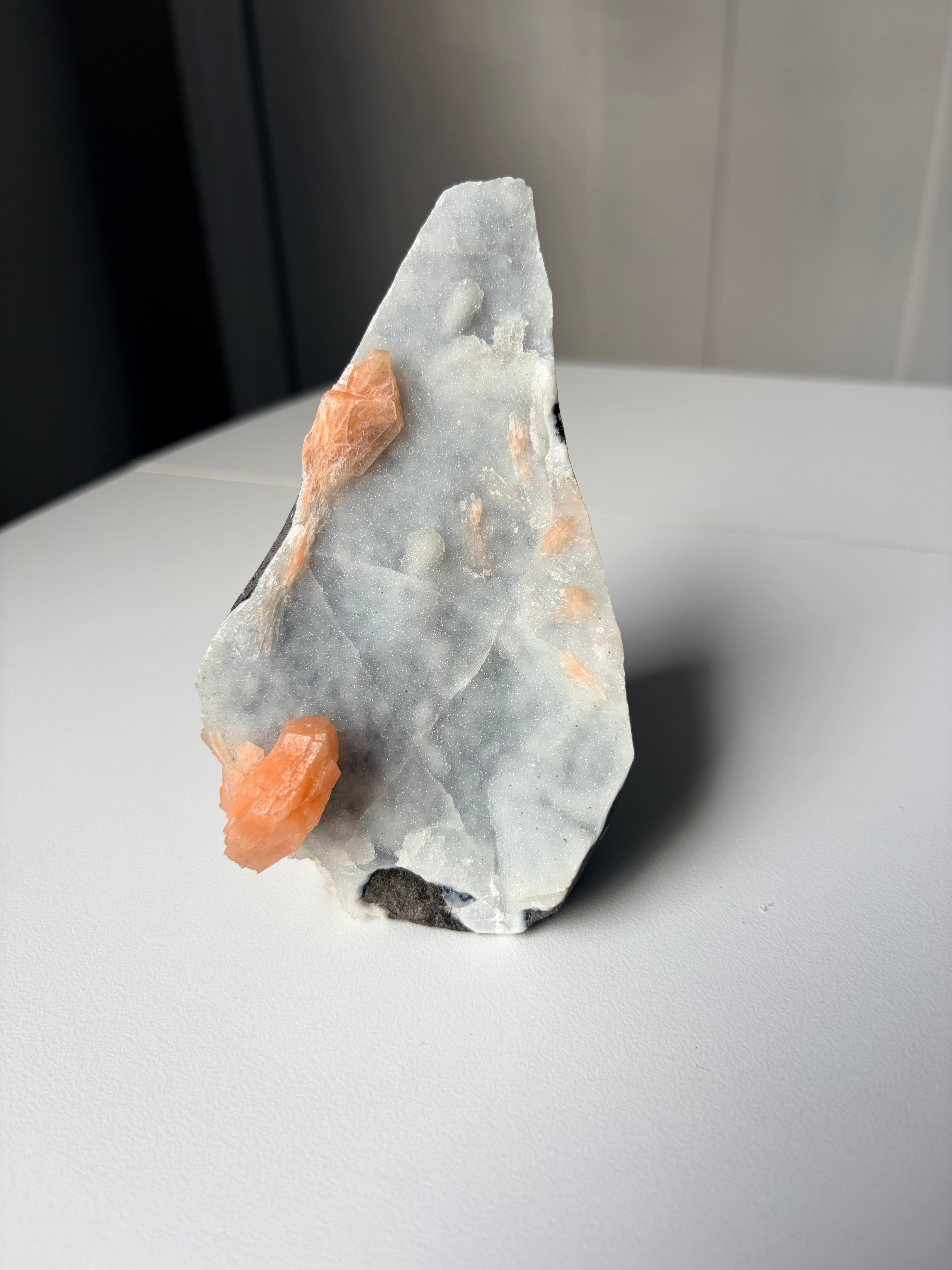 Peach Stilbite on Blue Chalcedony