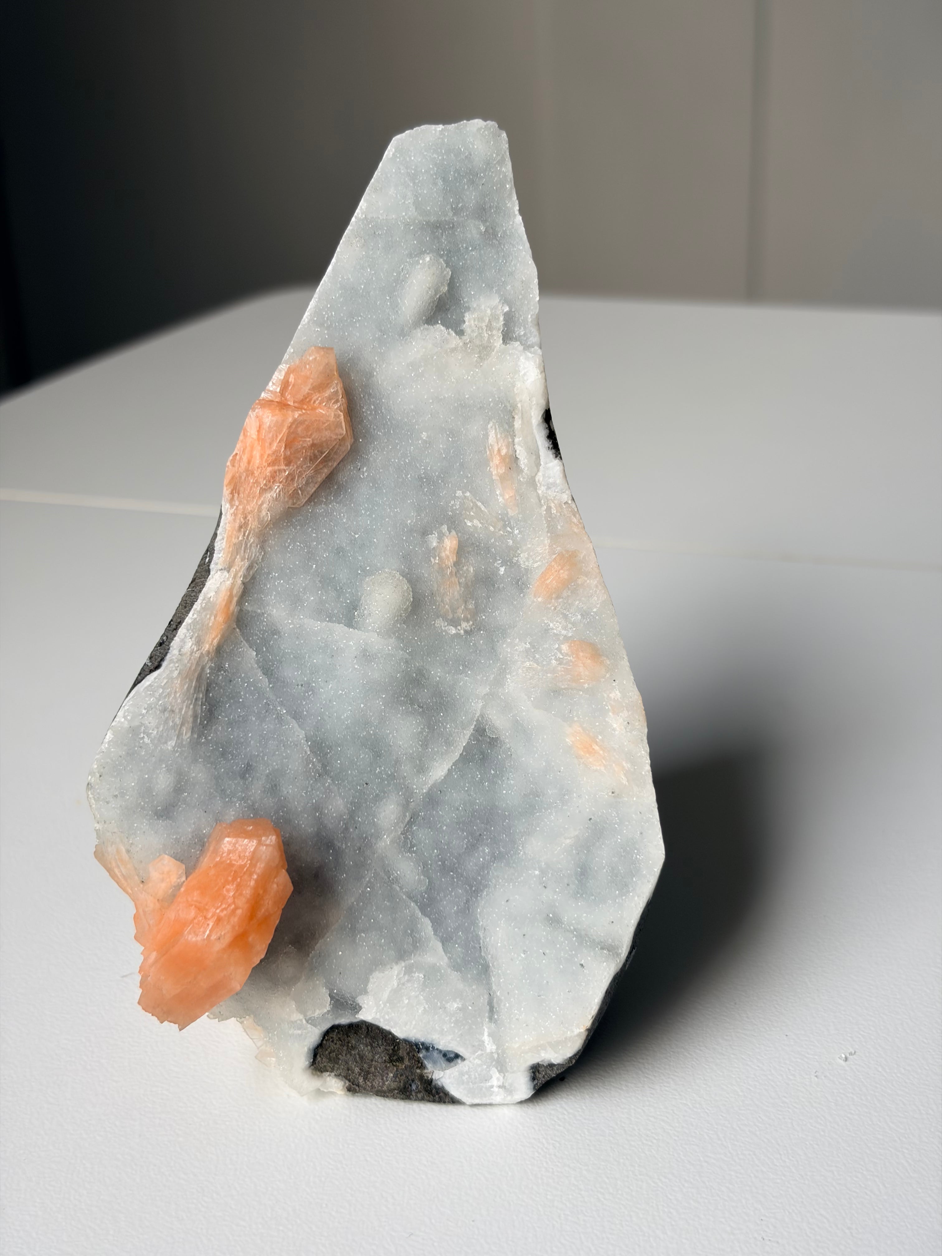Peach Stilbite on Blue Chalcedony