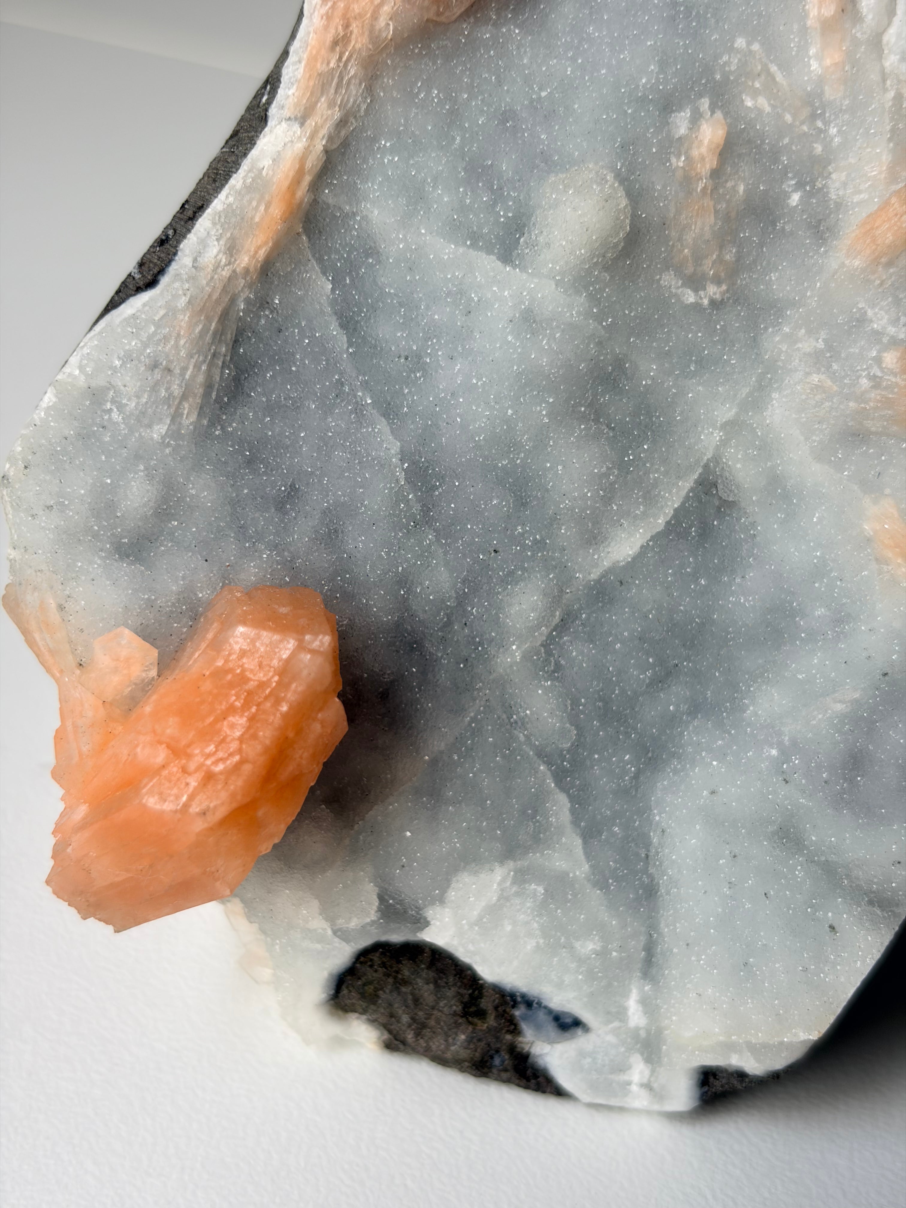 Peach Stilbite on Blue Chalcedony