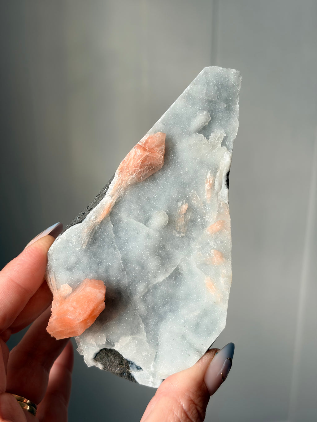 Peach Stilbite on Blue Chalcedony