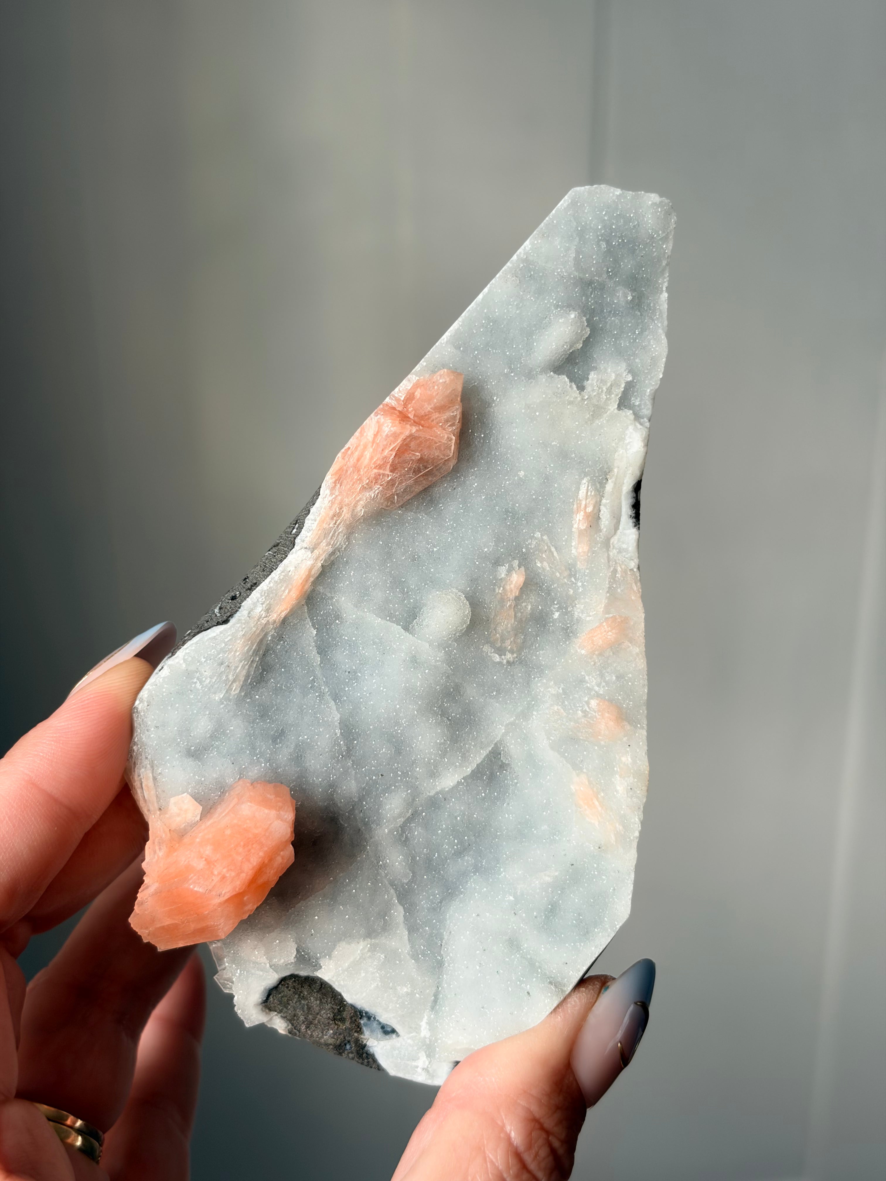 Peach Stilbite on Blue Chalcedony
