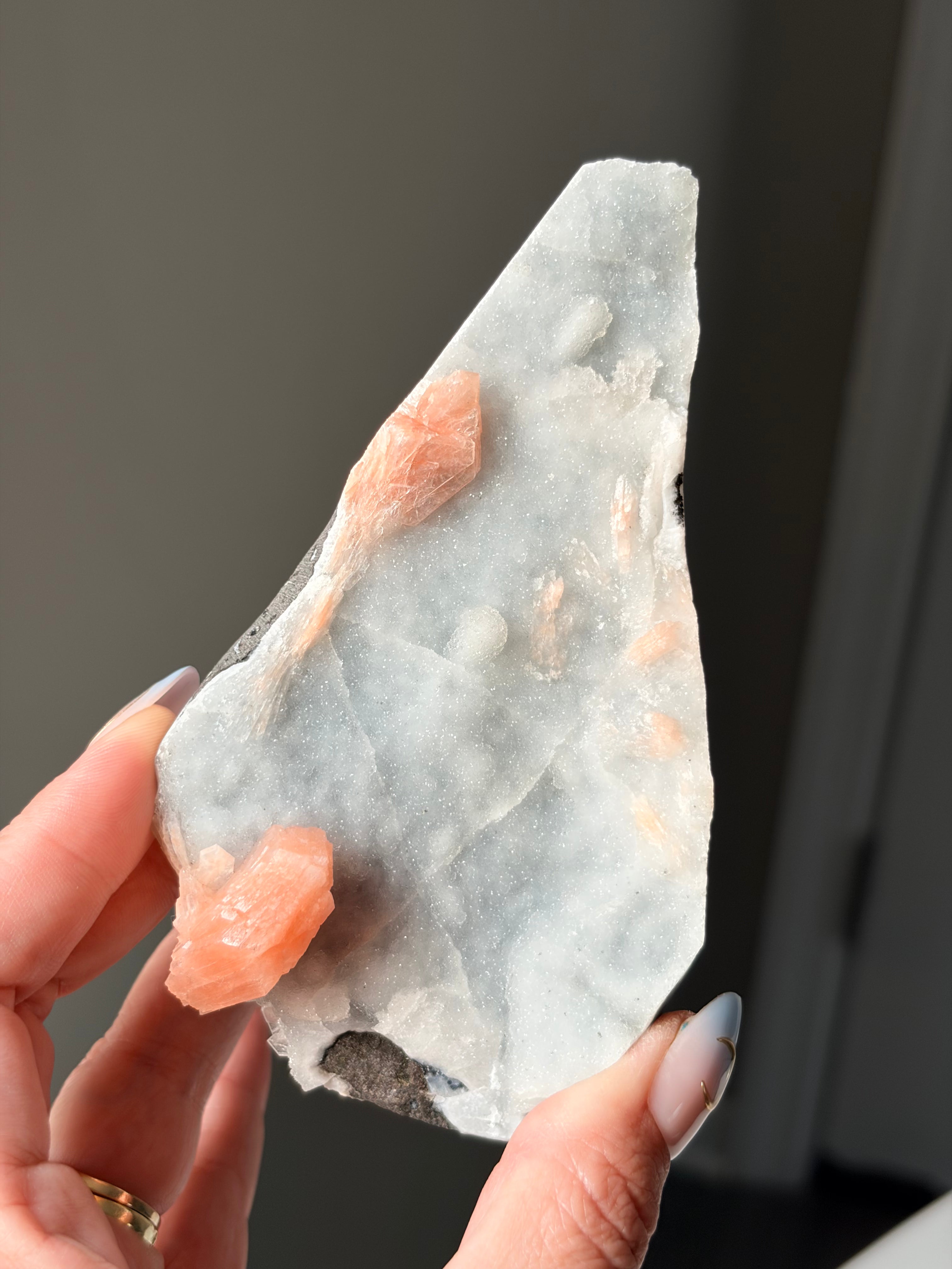 Peach Stilbite on Blue Chalcedony