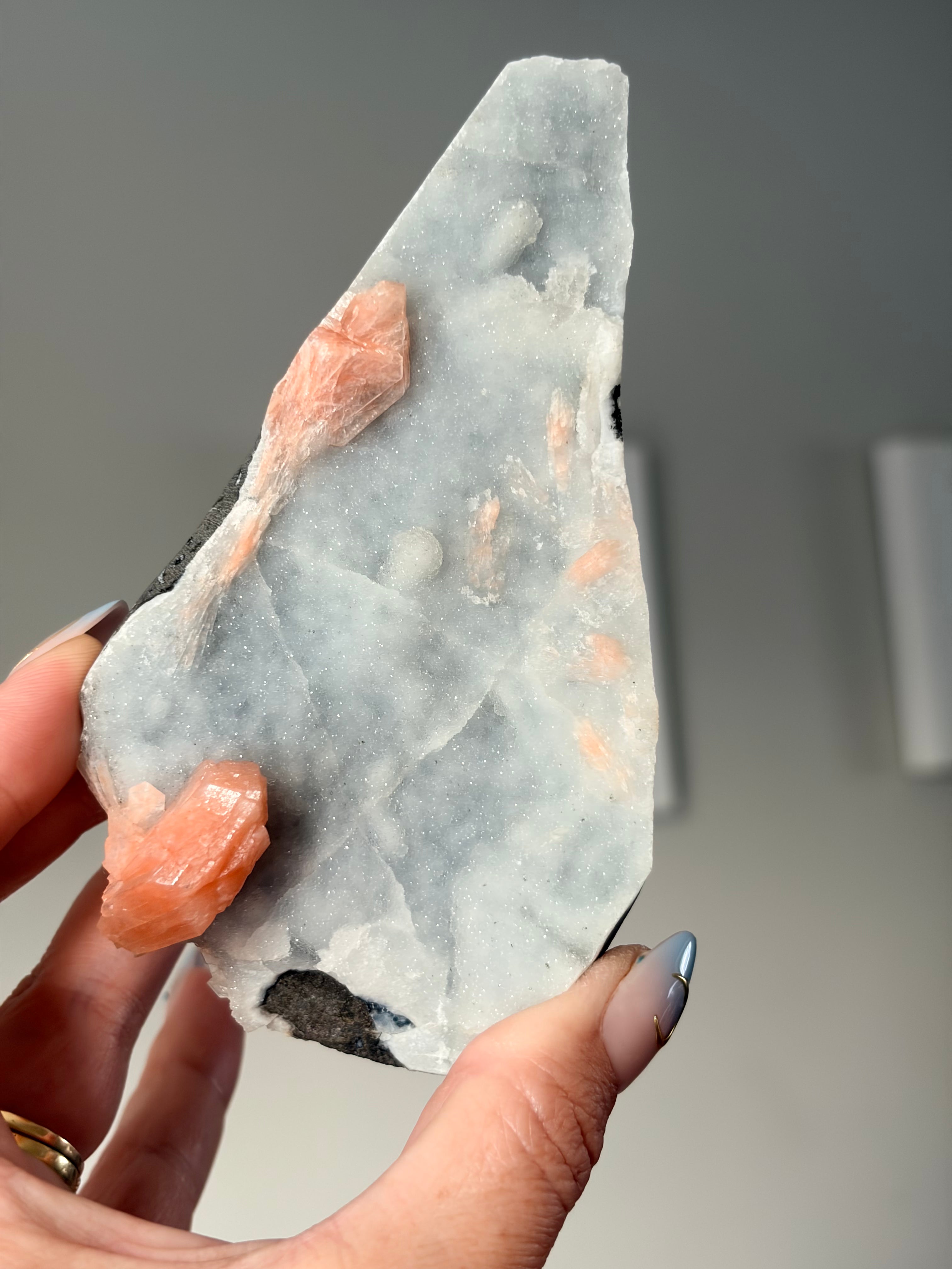 Peach Stilbite on Blue Chalcedony