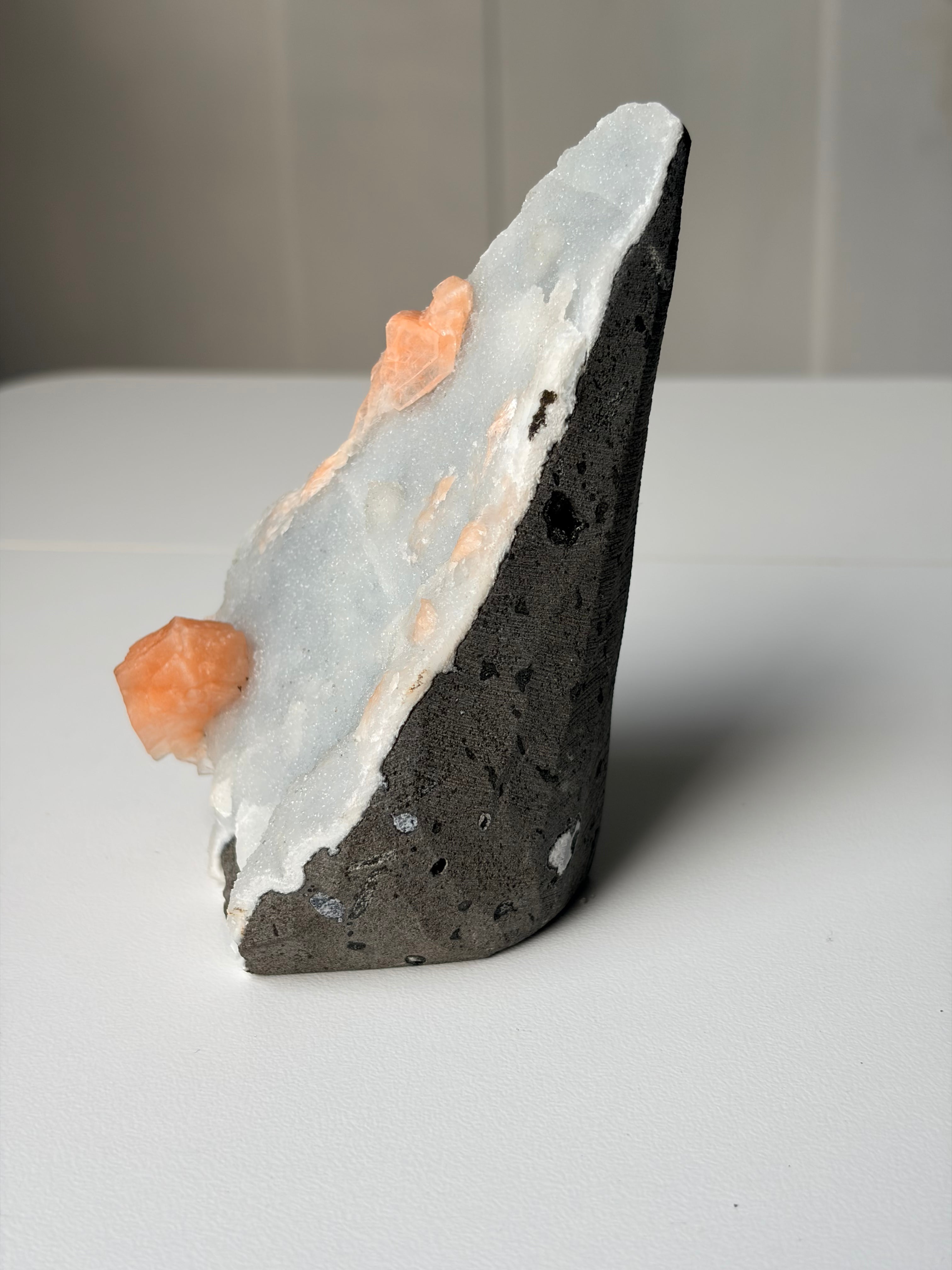 Peach Stilbite on Blue Chalcedony