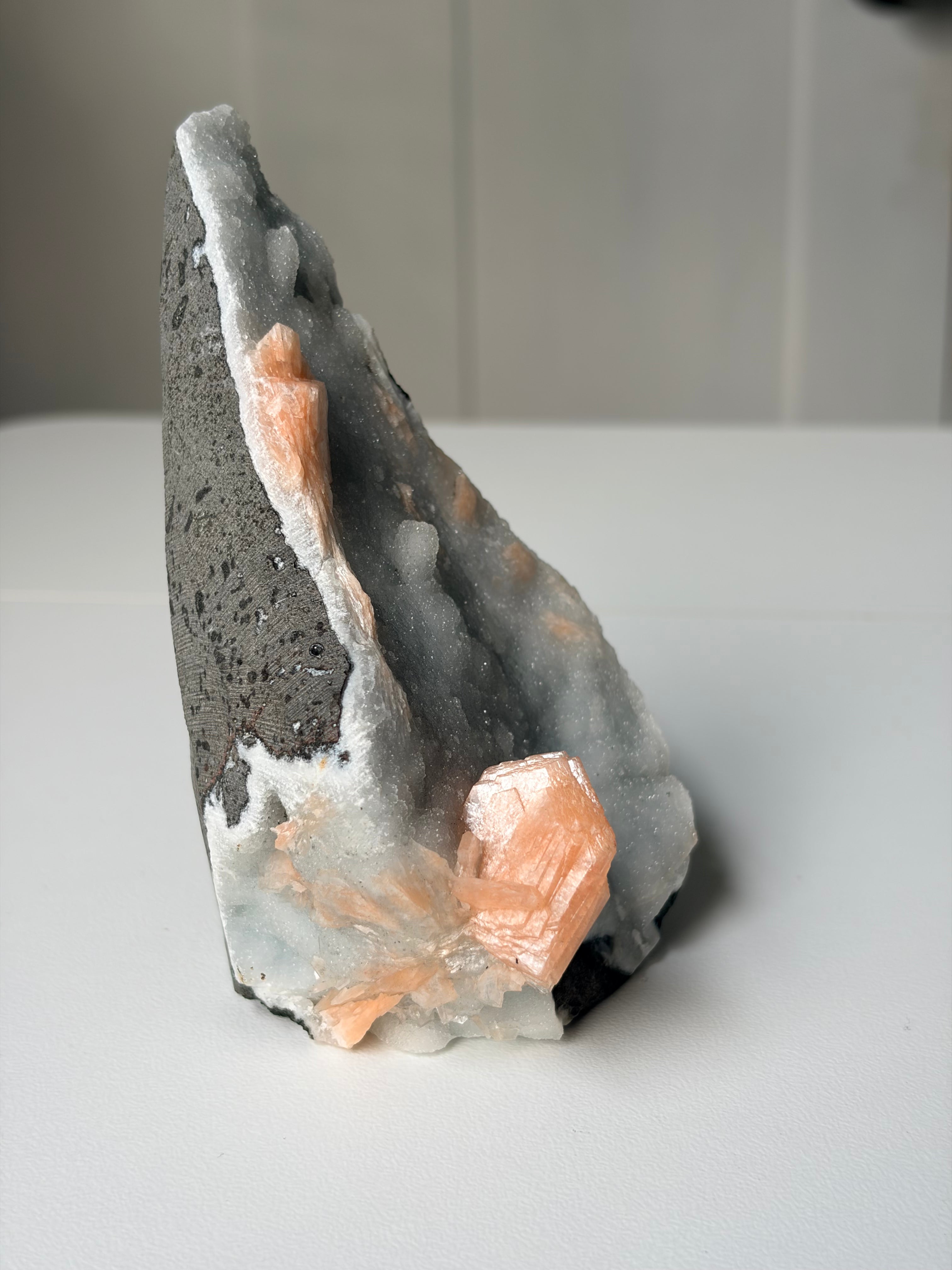 Peach Stilbite on Blue Chalcedony