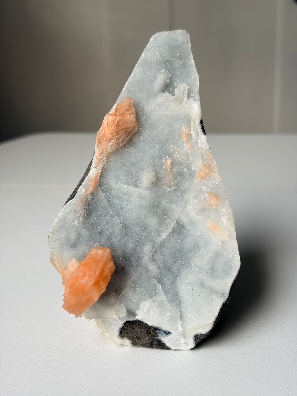 Peach Stilbite on Blue Chalcedony