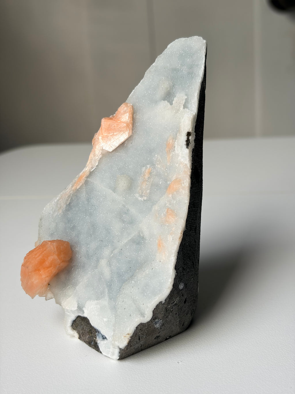 Peach Stilbite on Blue Chalcedony