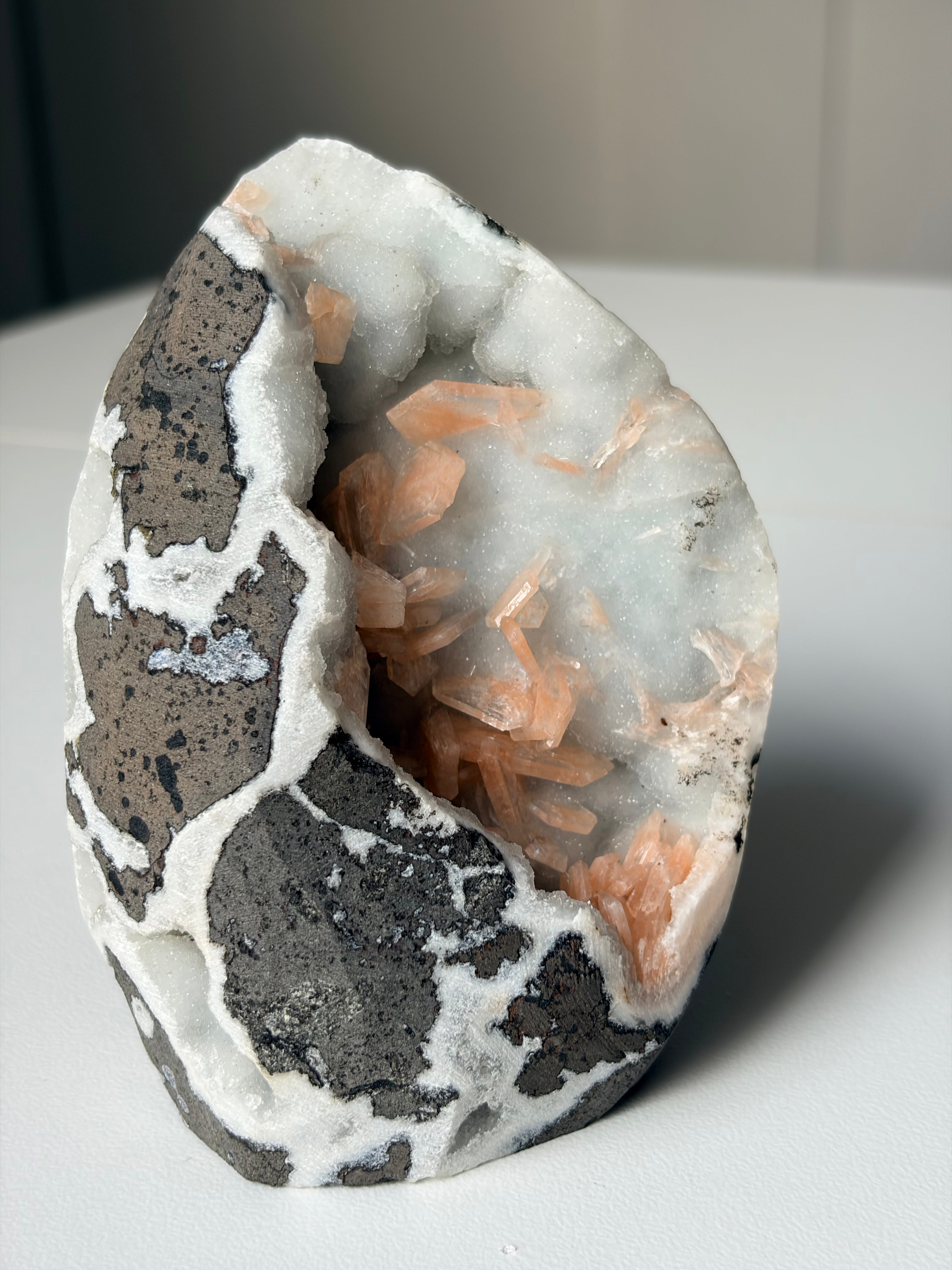 Peach Stilbite on Blue Chalcedony