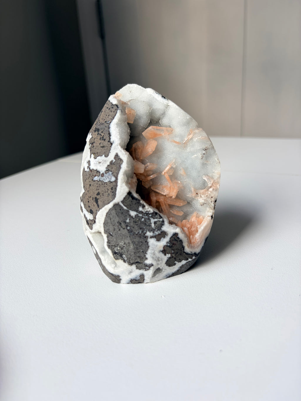 Peach Stilbite on Blue Chalcedony