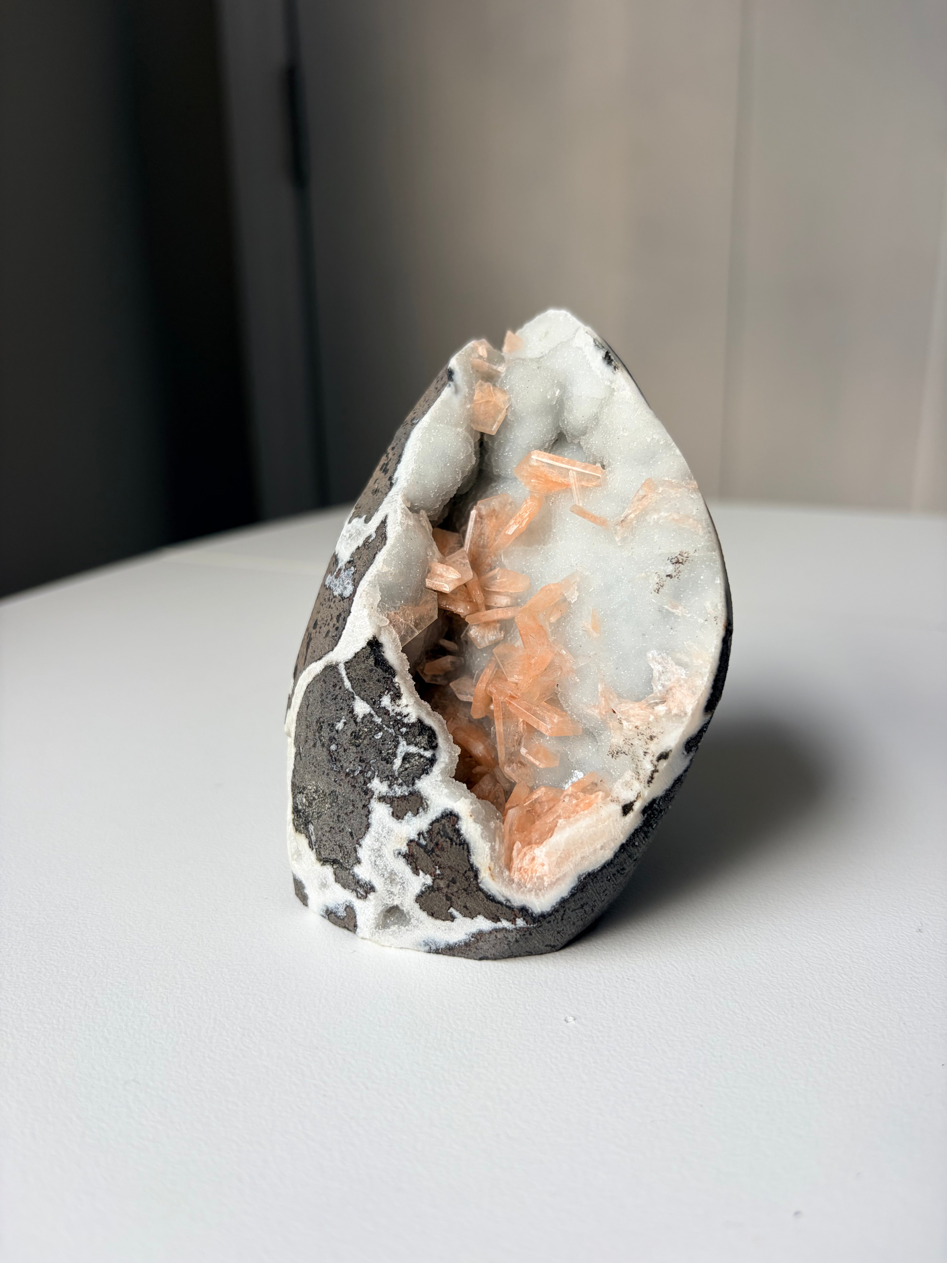 Peach Stilbite on Blue Chalcedony