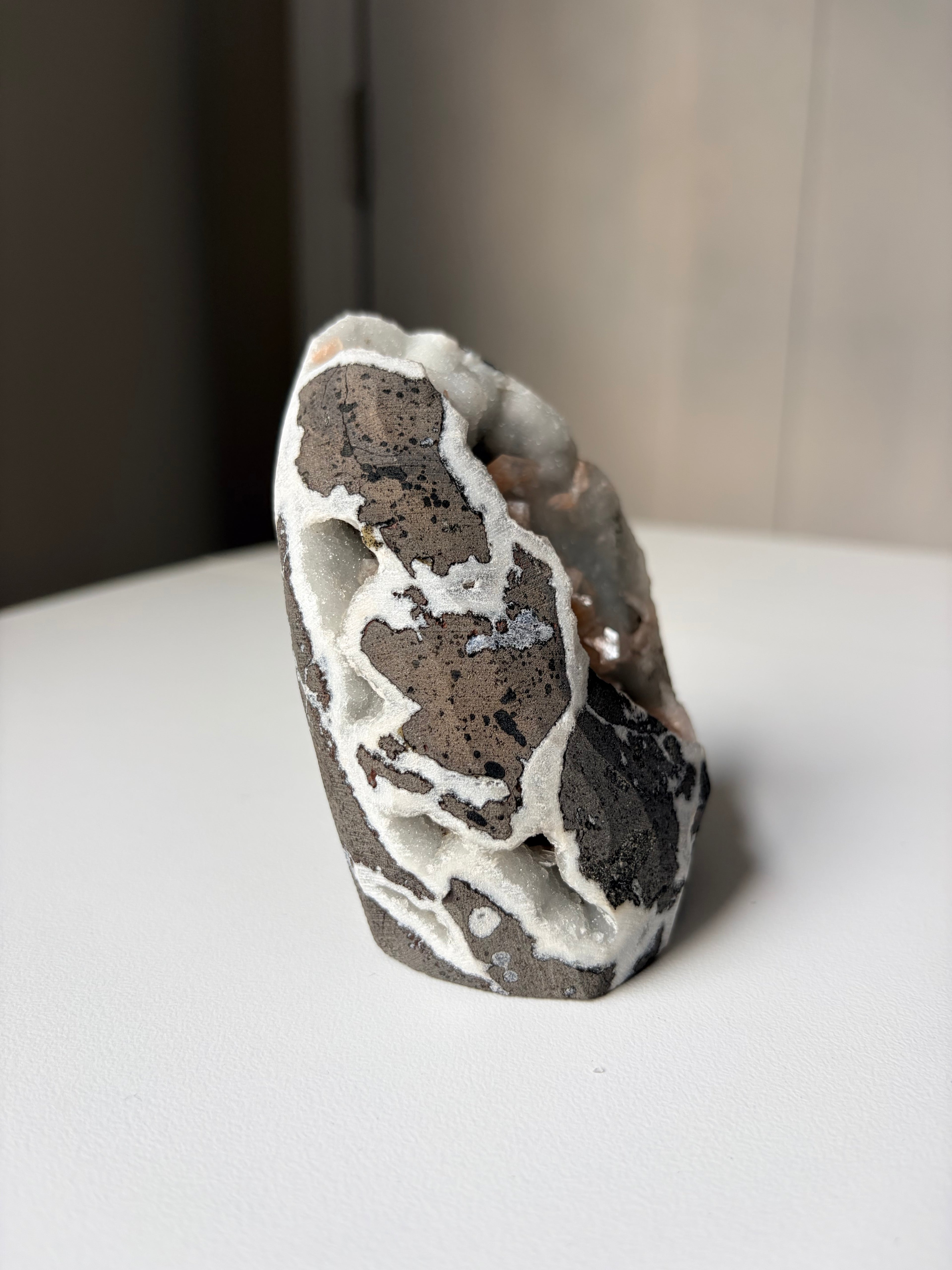 Peach Stilbite on Blue Chalcedony