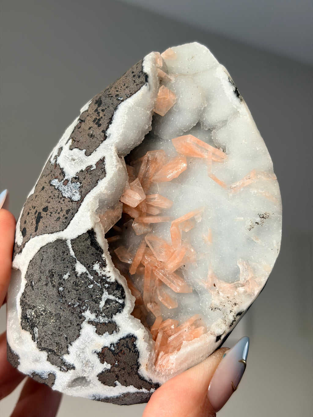 Peach Stilbite on Blue Chalcedony