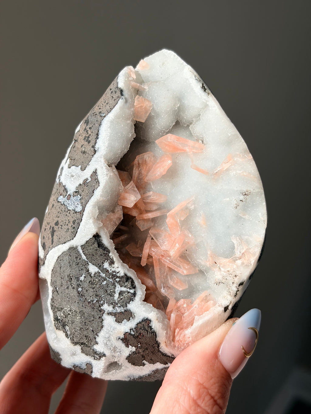 Peach Stilbite on Blue Chalcedony