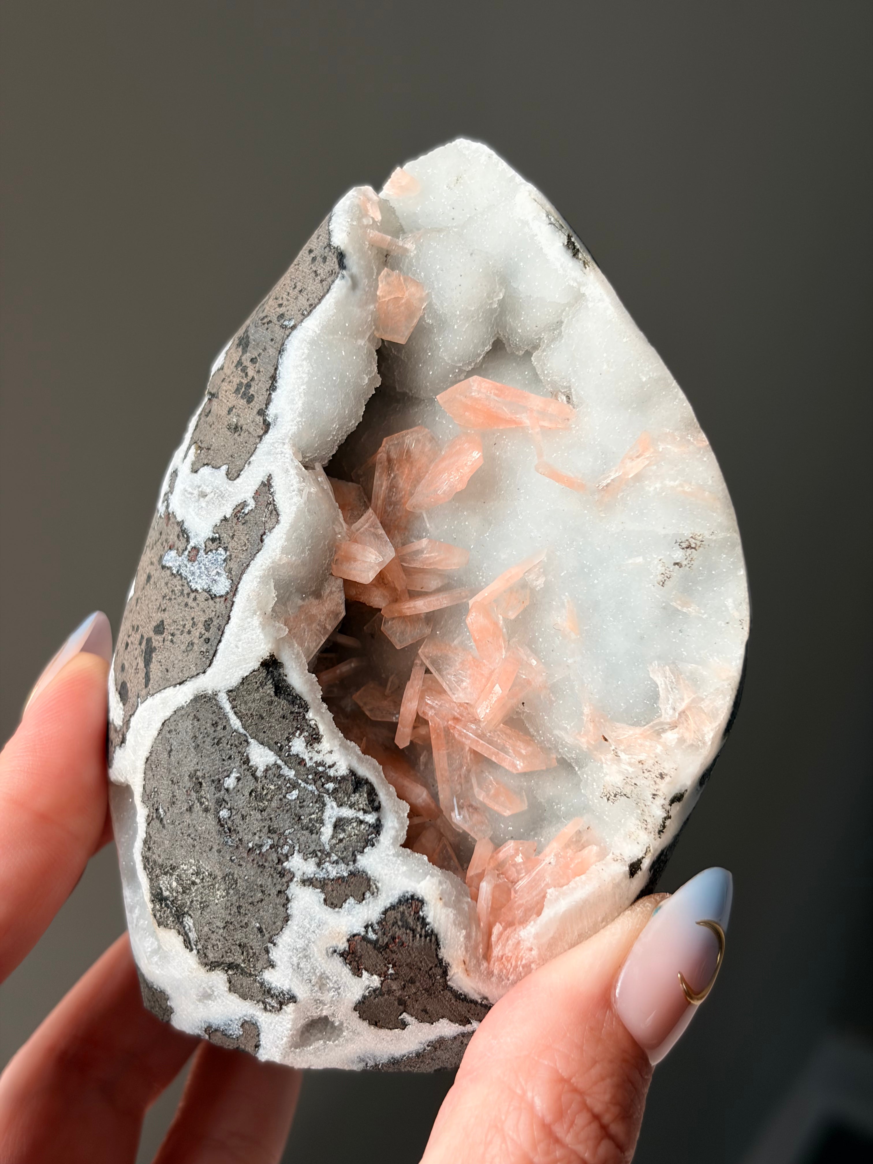 Peach Stilbite on Blue Chalcedony