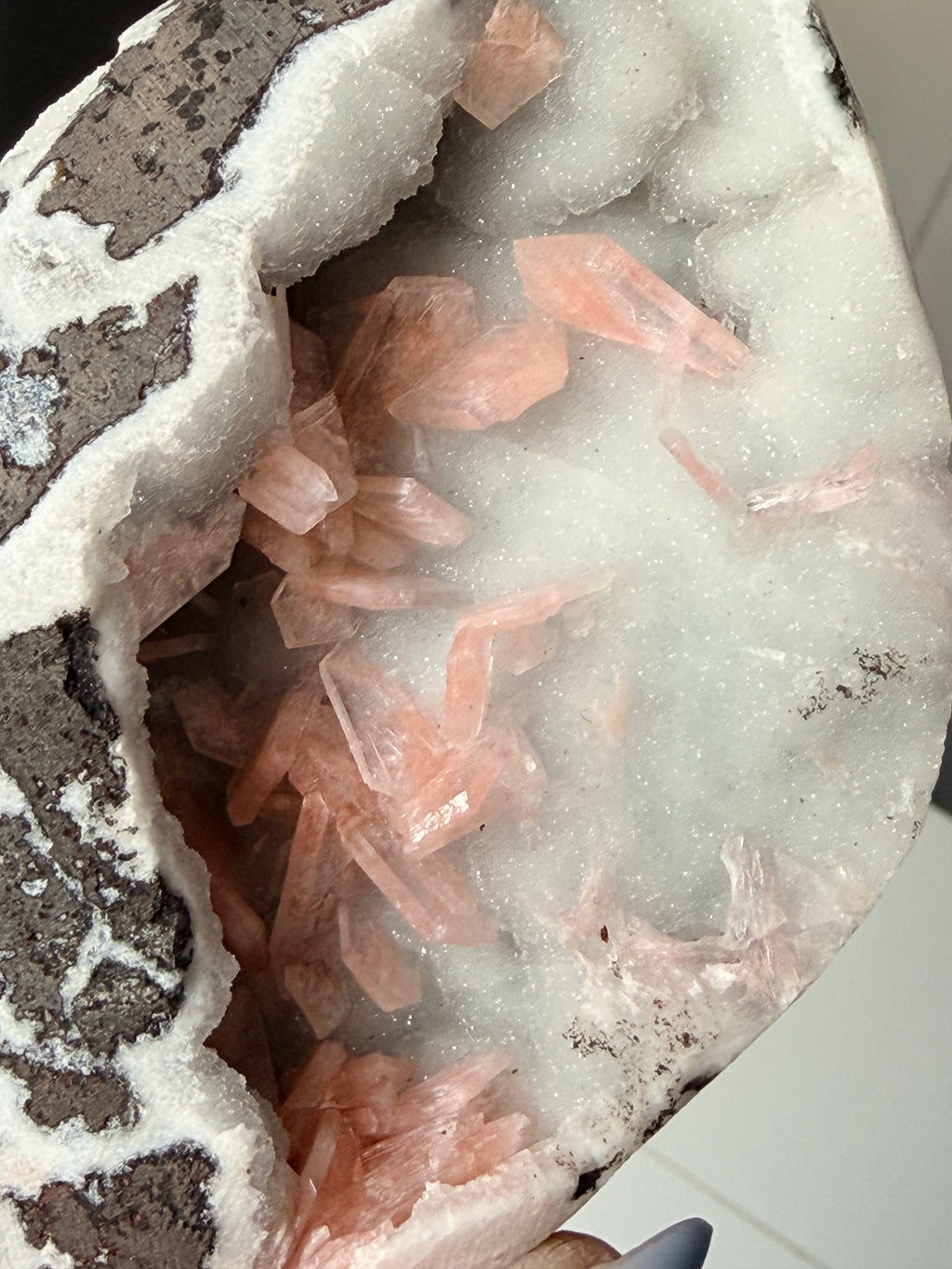 Peach Stilbite on Blue Chalcedony